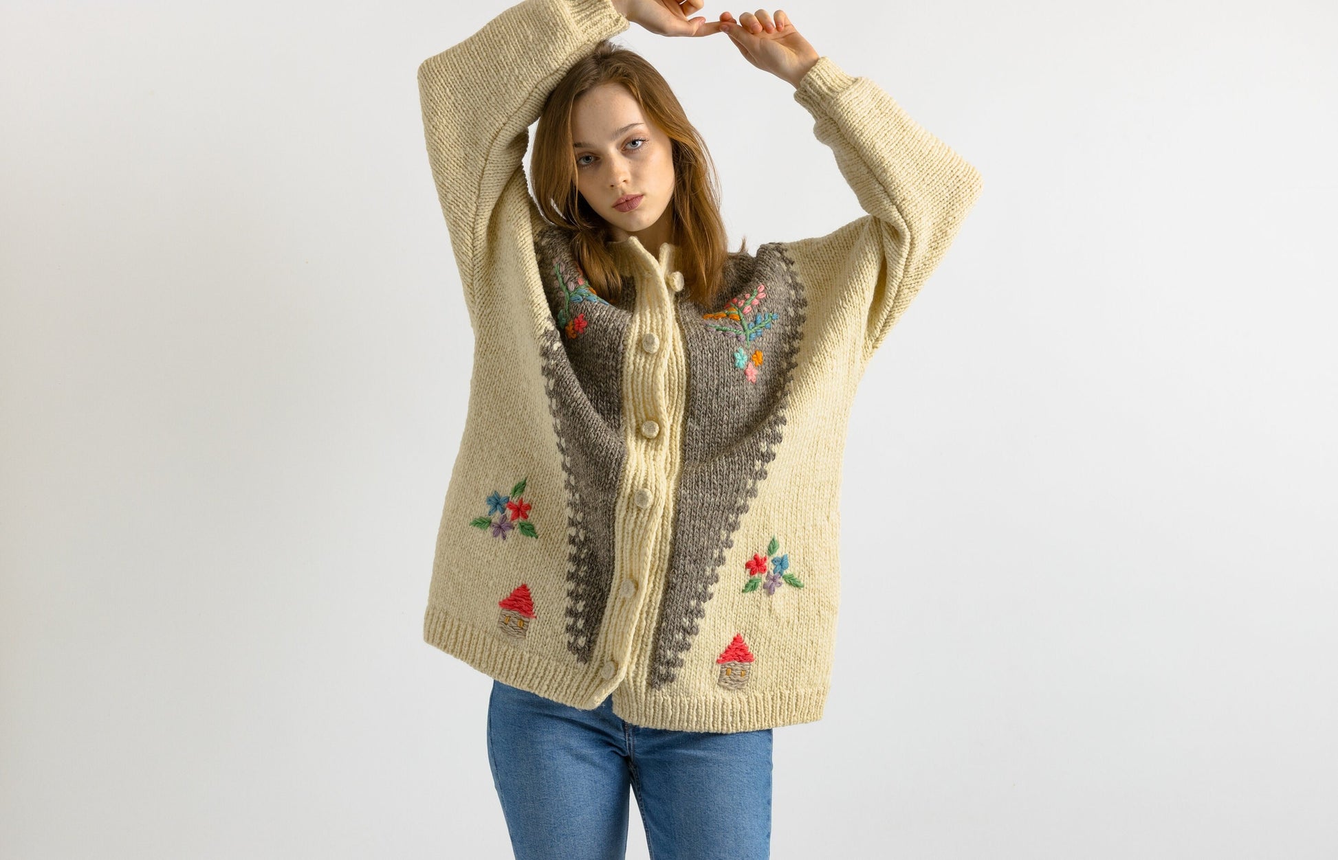 Unique Wonderful Beige Scarlet Vintage Cardigan Folk Dirndl Austrian Embroidered Knitted Jacket Embroidery Wool Hand Knitted