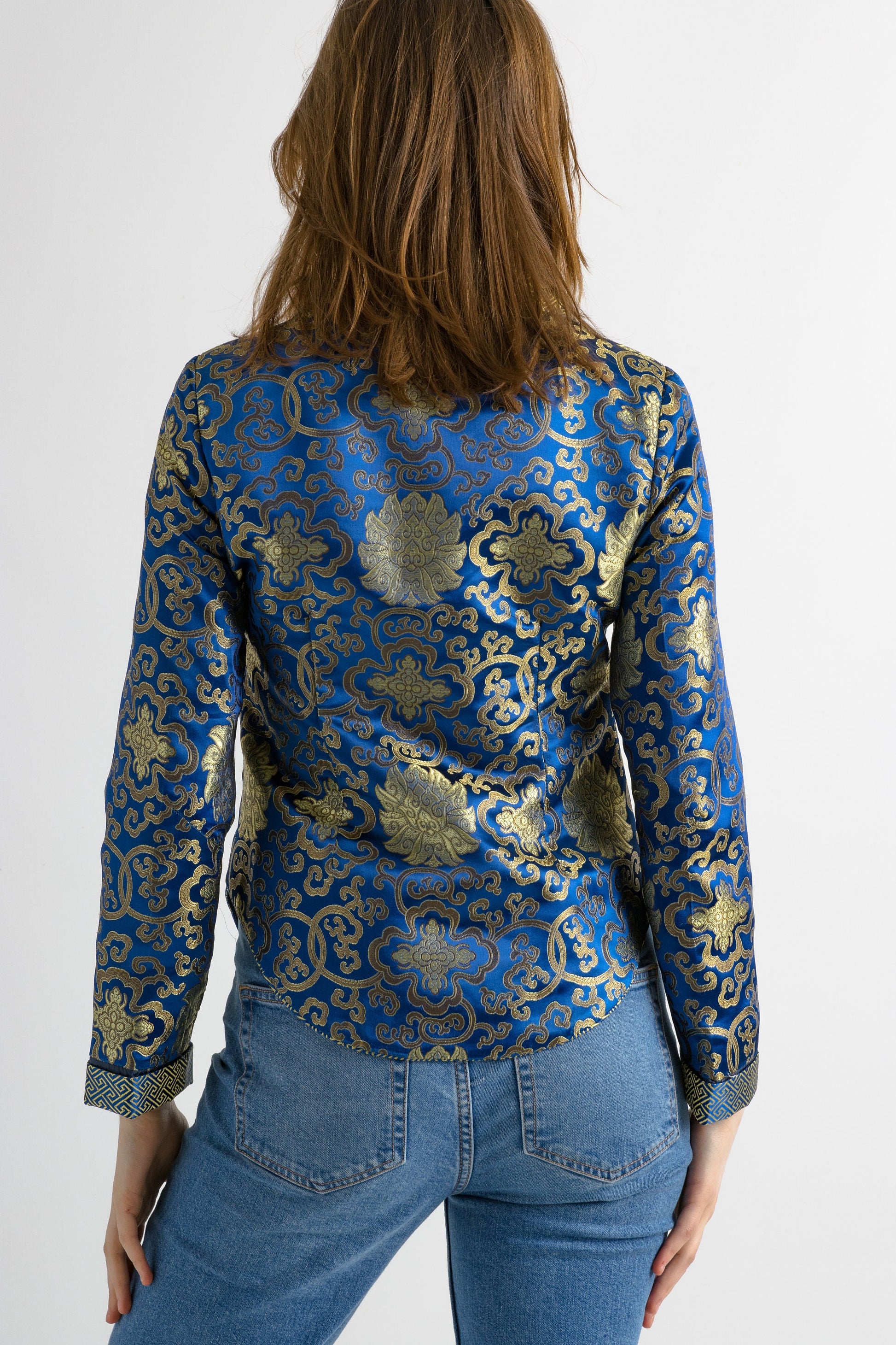 70s Vintage Chinese Blazer Kimono size Small/ Vintage Woman Cheongsam Gold Blue Kimono/ Vintage Chinese Gold Blazer Jacket