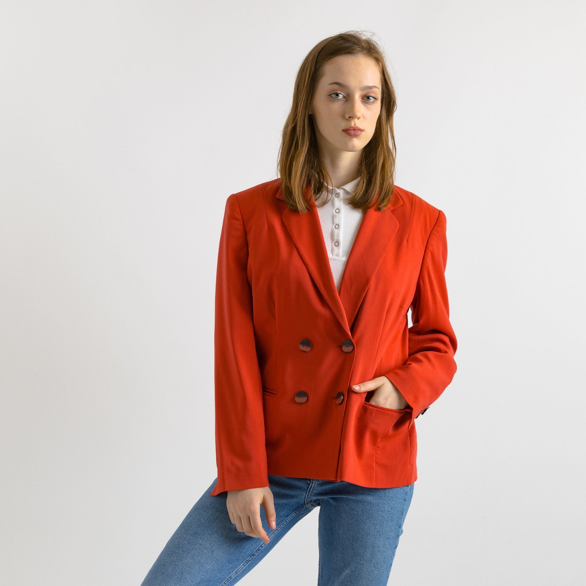 80s Vintage CERRUTI 1881 Wool Long Sleeve Red Midi Buttons Up Long Style Blazer Size M Medium. Vintage Woman Red Wool Blazer.