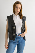 Vintage Black Leather Vest made, UNISEX Women Small Size Top, Black Leather Vest, Southwest Leather Top, Motorcyckle Vest