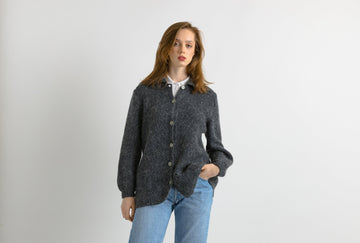 80s Vintage Dark Grey Mohair Crew Neck Buttons Up Sweater Jumper Cardigan Girlfriend Gift Present Womans Wear Vintage Clothes