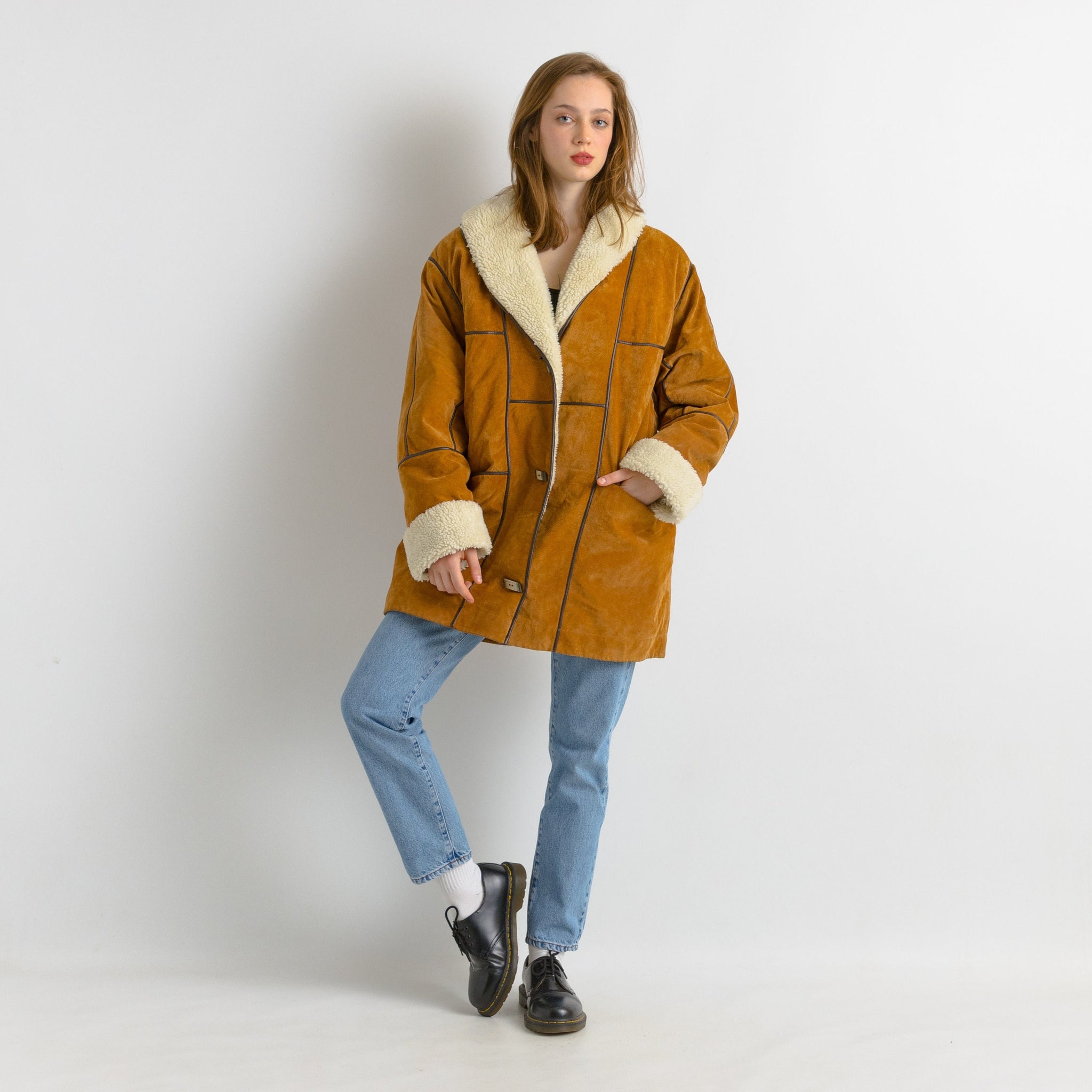 Sherpa Coat Women vintage 80's brown suede oversized sherpa detachable sleeve sunny brown shearl overcoat sustainable fashion Large