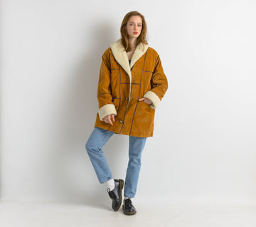 Sherpa Coat Women vintage 80's brown suede oversized sherpa detachable sleeve sunny brown shearl overcoat sustainable fashion Large