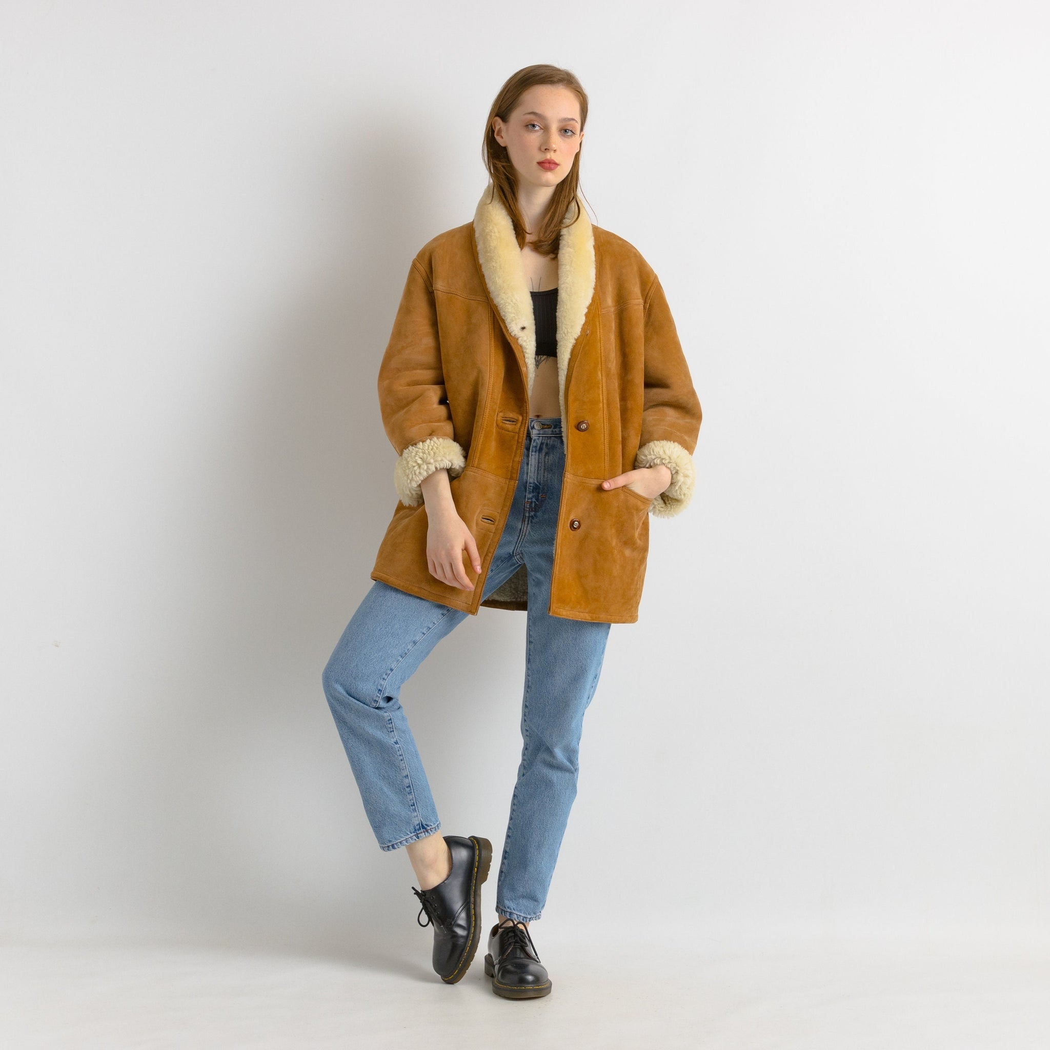 80s Vintage Suede Sheepskin Leather Shearling Fastens Coat size Womens 42/Vintage Leather Shearling Coat/Vintage Woman Winter Suede Coat