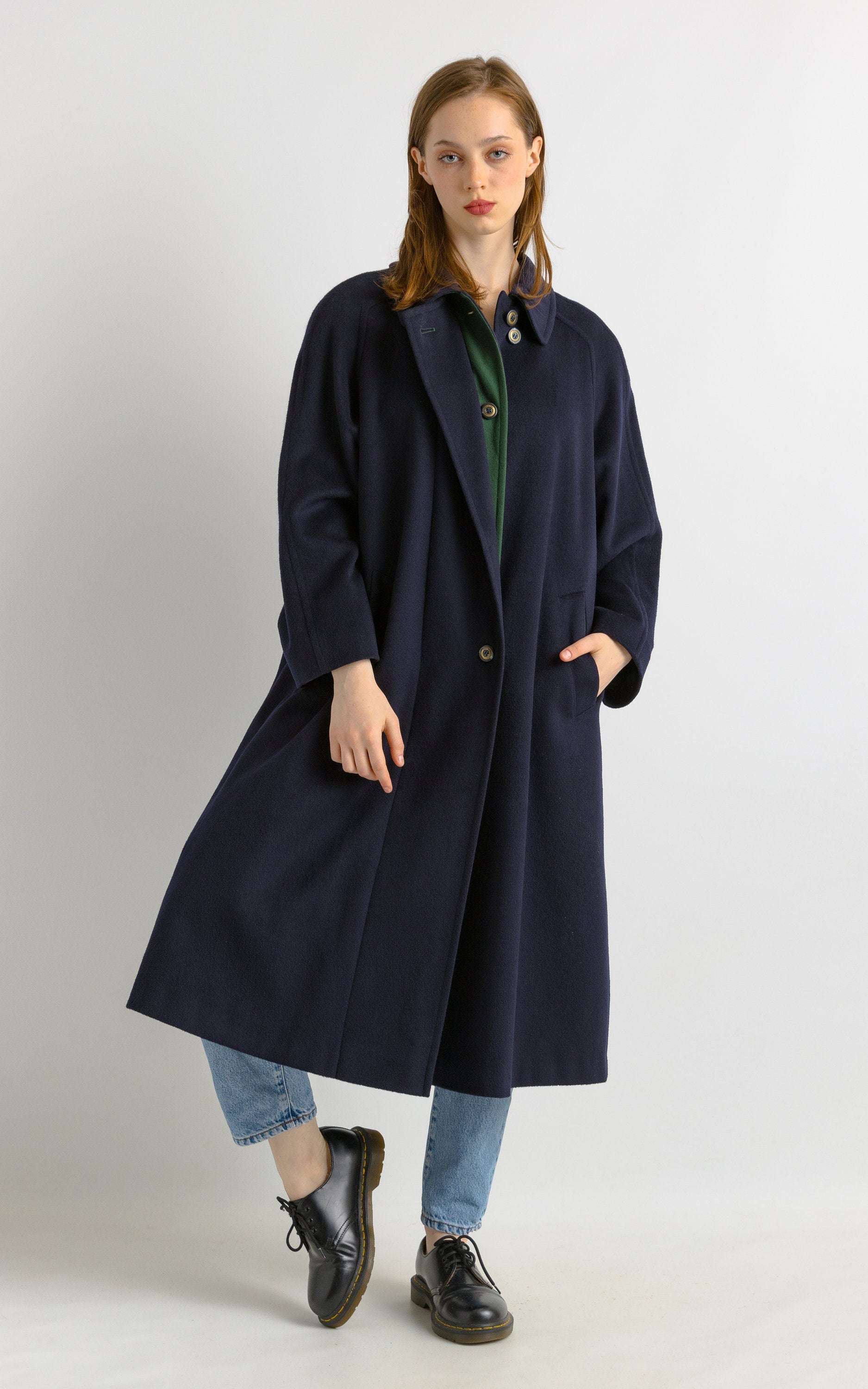 70s Woman LODEN Lambswool Navy Coat Women Vintage 70s fall coat long wool coat outerwear maxi winter coat vintage clothing size Medium