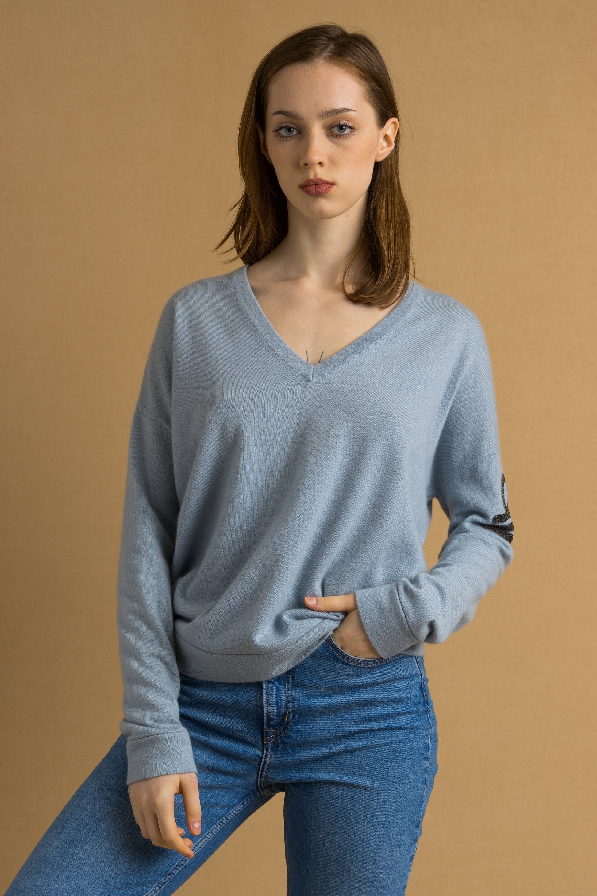 90s Vintage Woman Brunello Cucinelli Cashmere Blue V Neck Top Jumper Pullover fits L XL