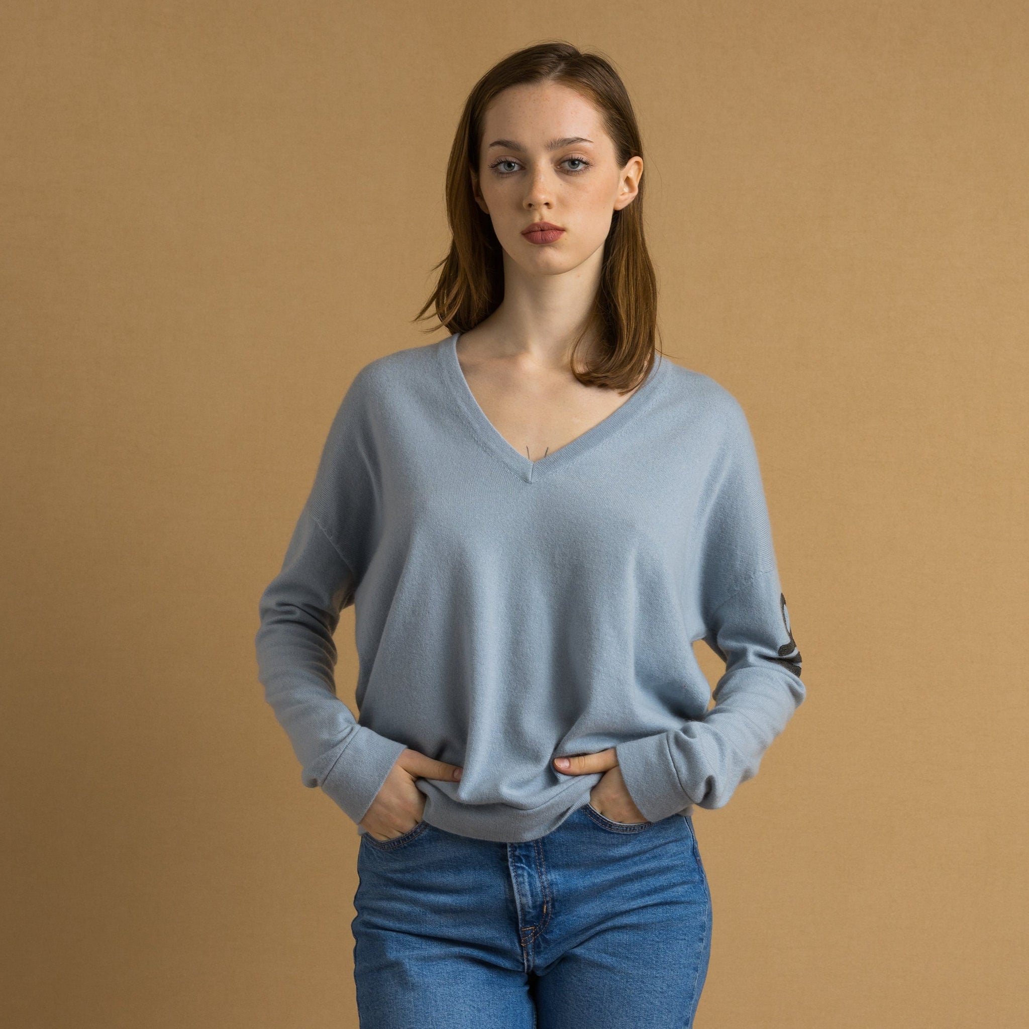 90s Vintage Woman Brunello Cucinelli Cashmere Blue V Neck Top Jumper Pullover fits L XL