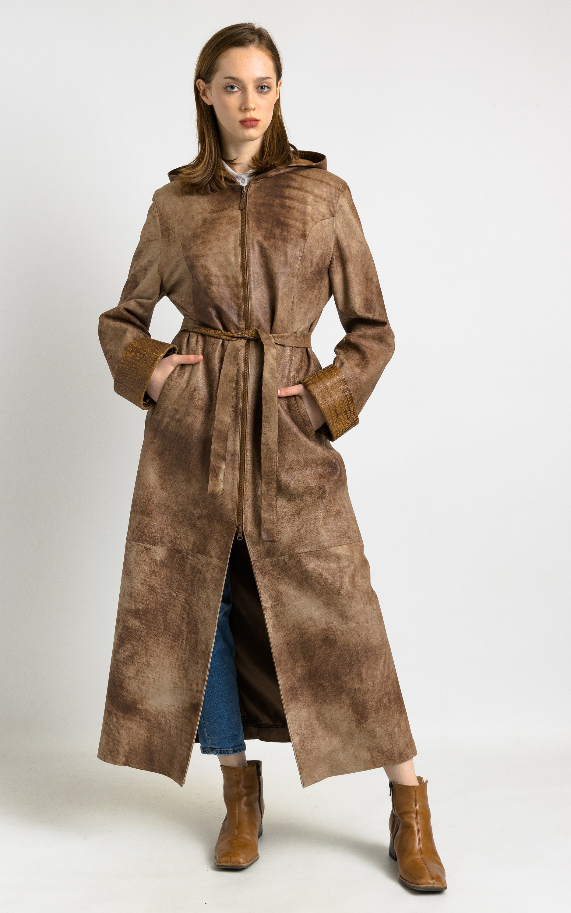 Longline Leather Coat 80s, Size L Brown Hood Leather Maxi Coat, Retro Women Coat, Vintage Women Outerwear, Timeless Coat, MoodGirls