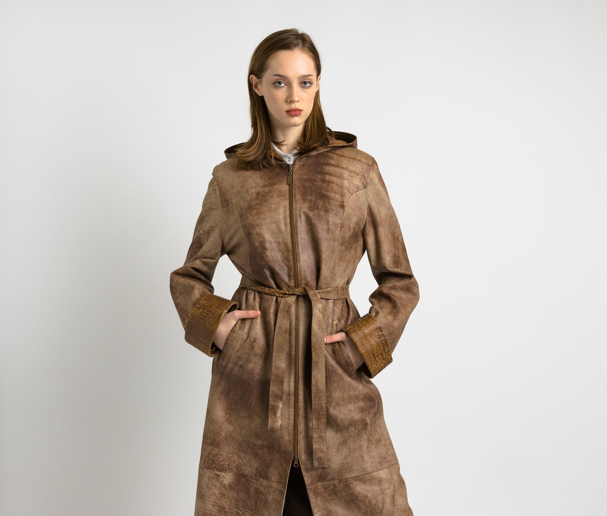 Longline Leather Coat 80s, Size L Brown Hood Leather Maxi Coat, Retro Women Coat, Vintage Women Outerwear, Timeless Coat, MoodGirls