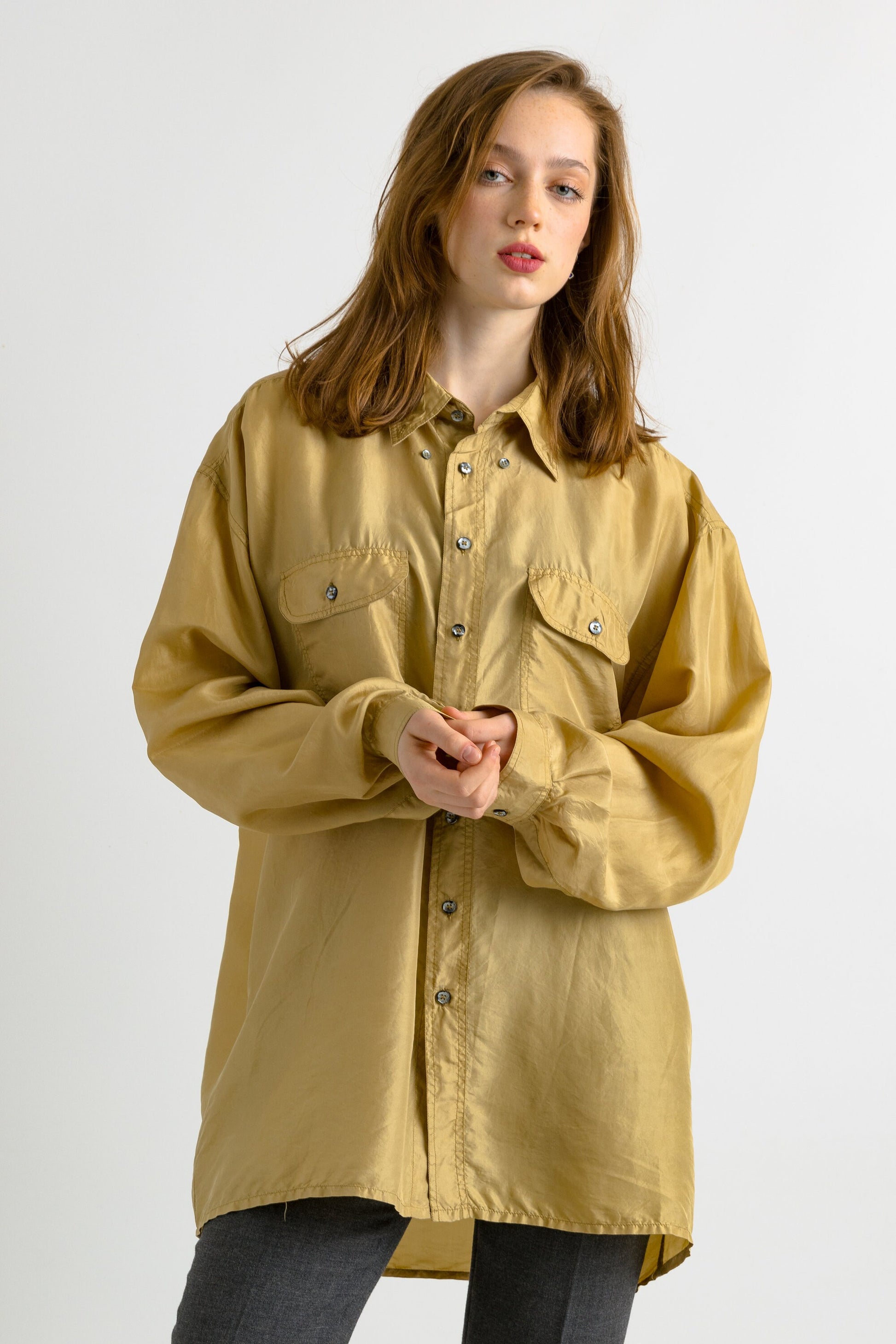 1980 80s Vintage Unisex Man Silk Blouse, Vintage Gold Oversized Long Sleeve Silk Top, Gold Silk Blouse, Oversized Button Up