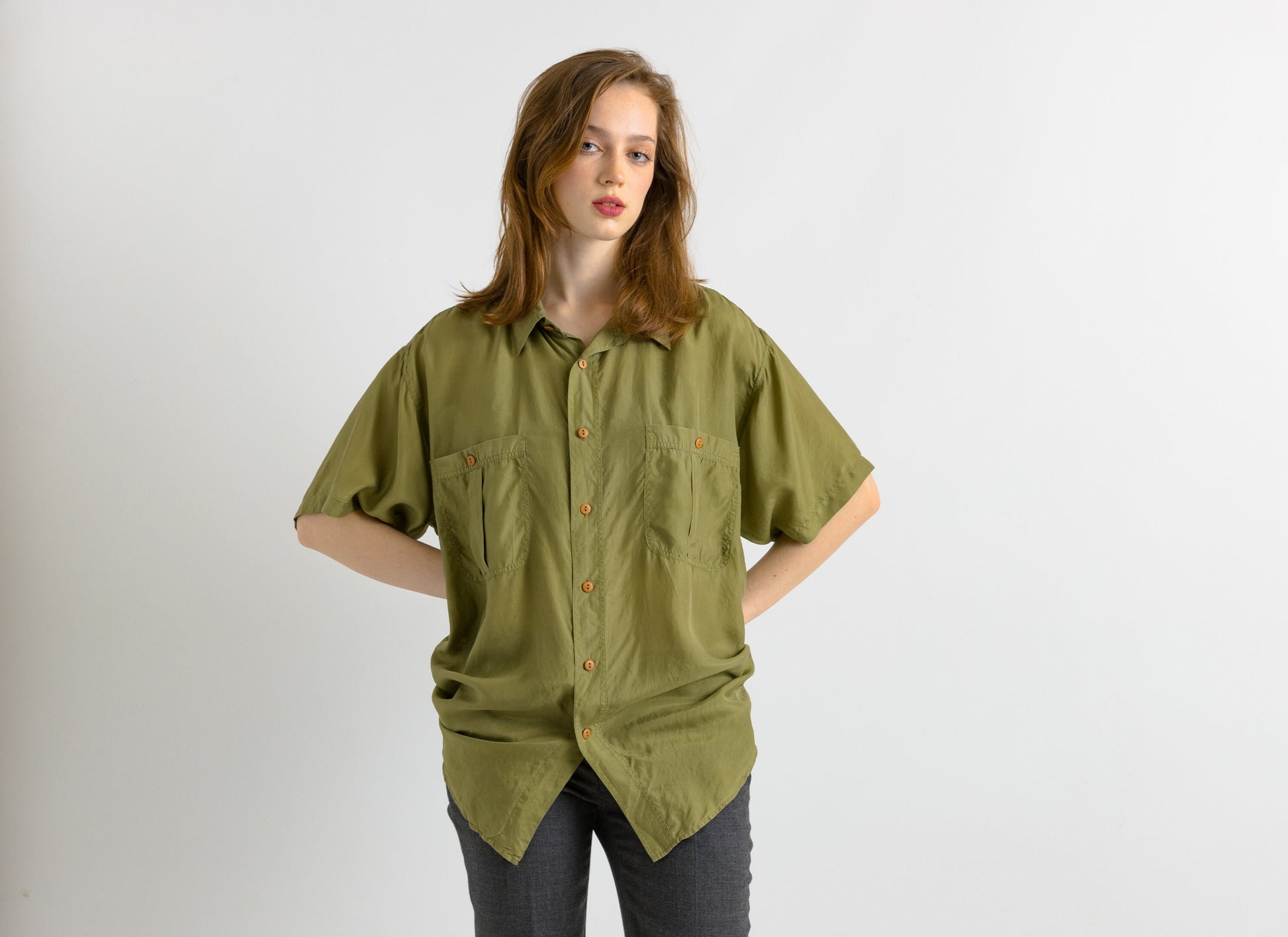 1980 80s Vintage Unisex Man Silk Blouse, Vintage Olive Oversized Short Sleeve Silk Top, Gold Silk Blouse, Oversized Button Up