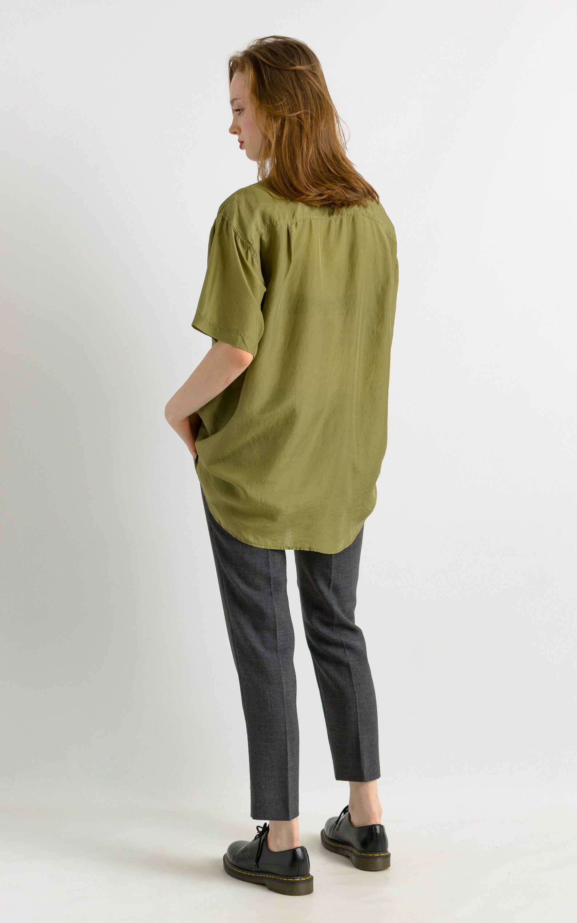 1980 80s Vintage Unisex Man Silk Blouse, Vintage Olive Oversized Short Sleeve Silk Top, Gold Silk Blouse, Oversized Button Up