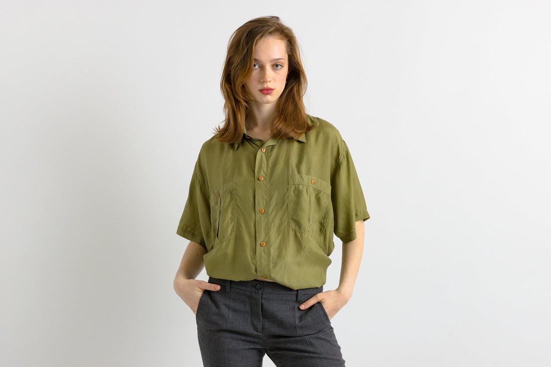 1980 80s Vintage Unisex Man Silk Blouse, Vintage Olive Oversized Short Sleeve Silk Top, Gold Silk Blouse, Oversized Button Up