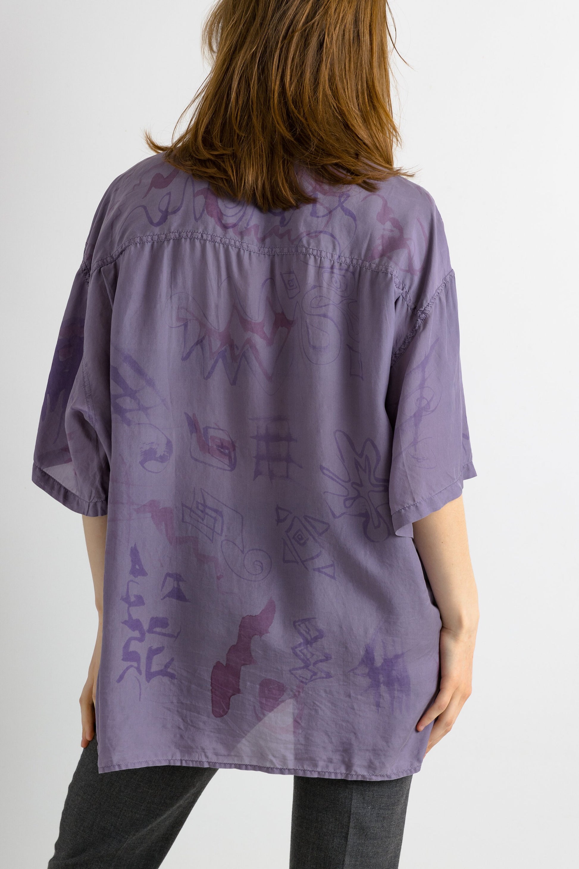 1980 80s Vintage Unisex Man Silk Blouse, Vintage Purple Oversized Short Sleeve Silk Top, Abstract Silk Blouse, Oversized Button Up