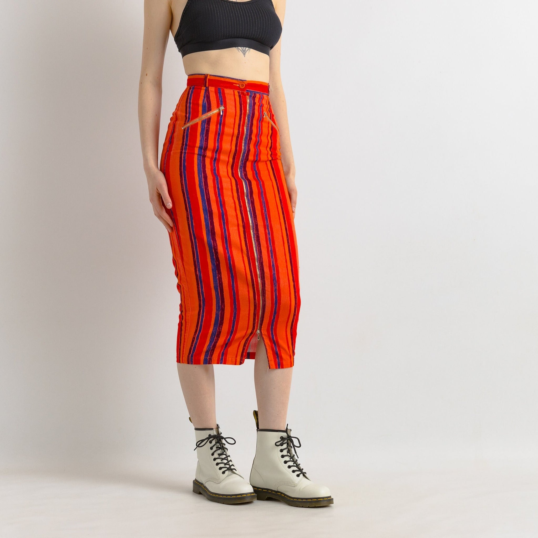 Vintage 80s cotton striped skirt, Vintage pencil cotton skirt, 80s high waist rainbow skirt, Summer 80s clothing women, Size S