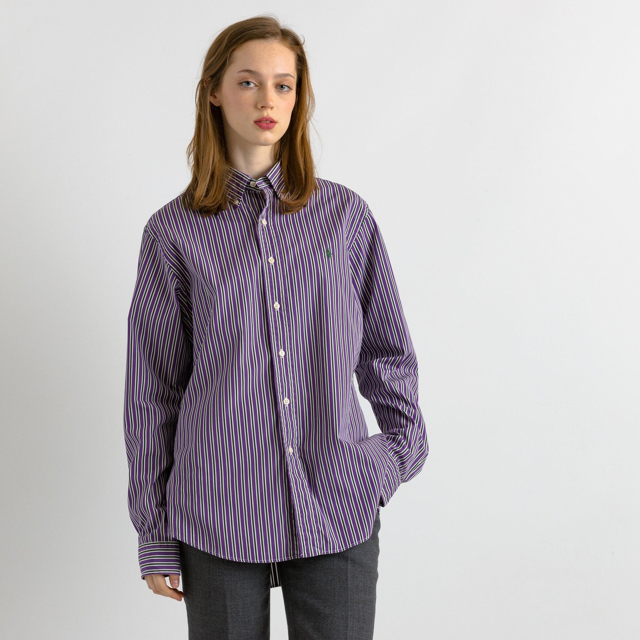 Vintage Ralph Lauren Purple Cotton Logo Long Sleeve Buttons Up Unisex Shirt/ Vintage Ralph Lauren Unisex Striped Size L Man Shirt