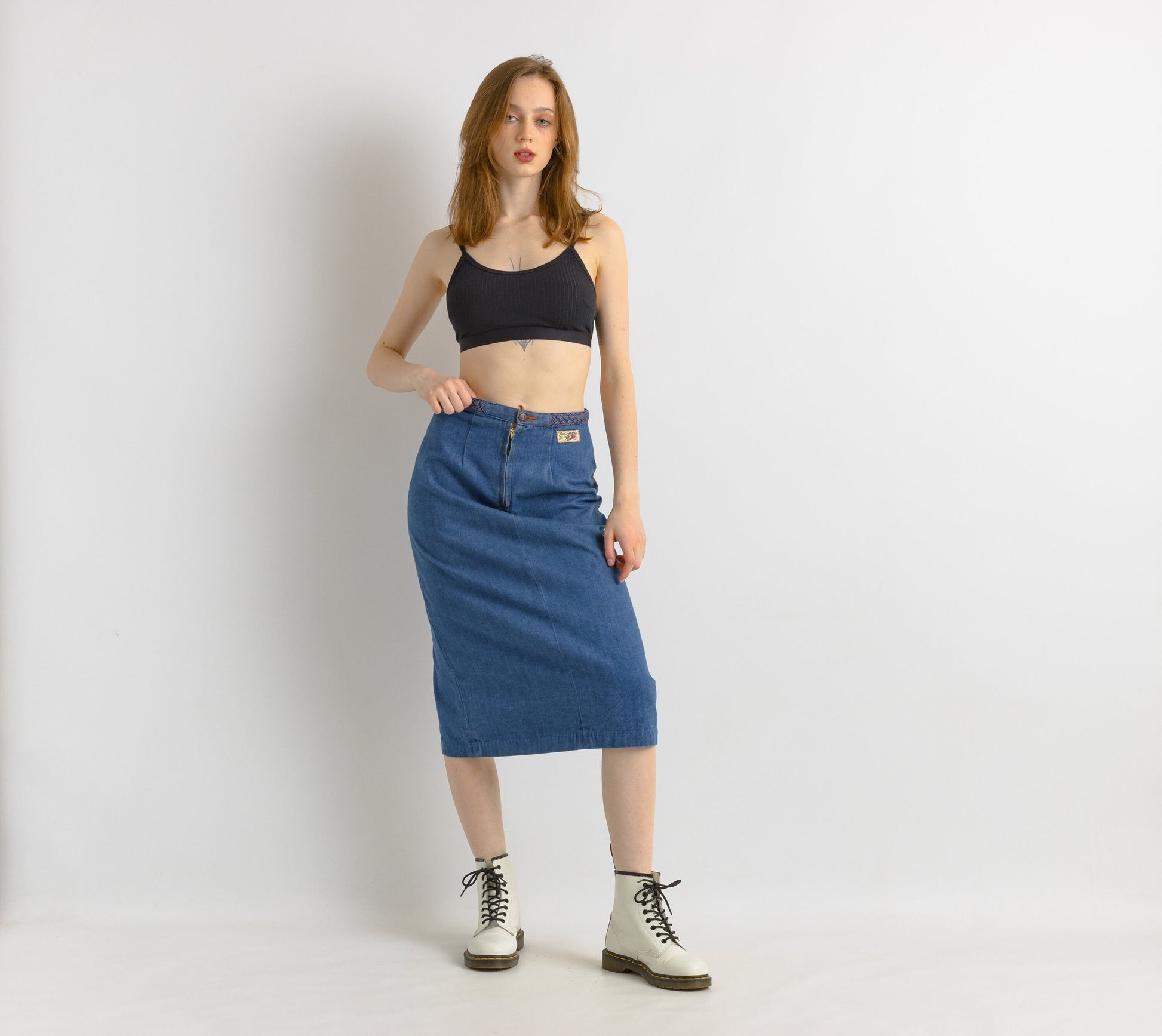 80s Denim Midi Skirt / High Waist Denim Midi Skirt Medium / Minimalist Blue Pencil Skirt / Cotton Midi Pencil Skirt Medium