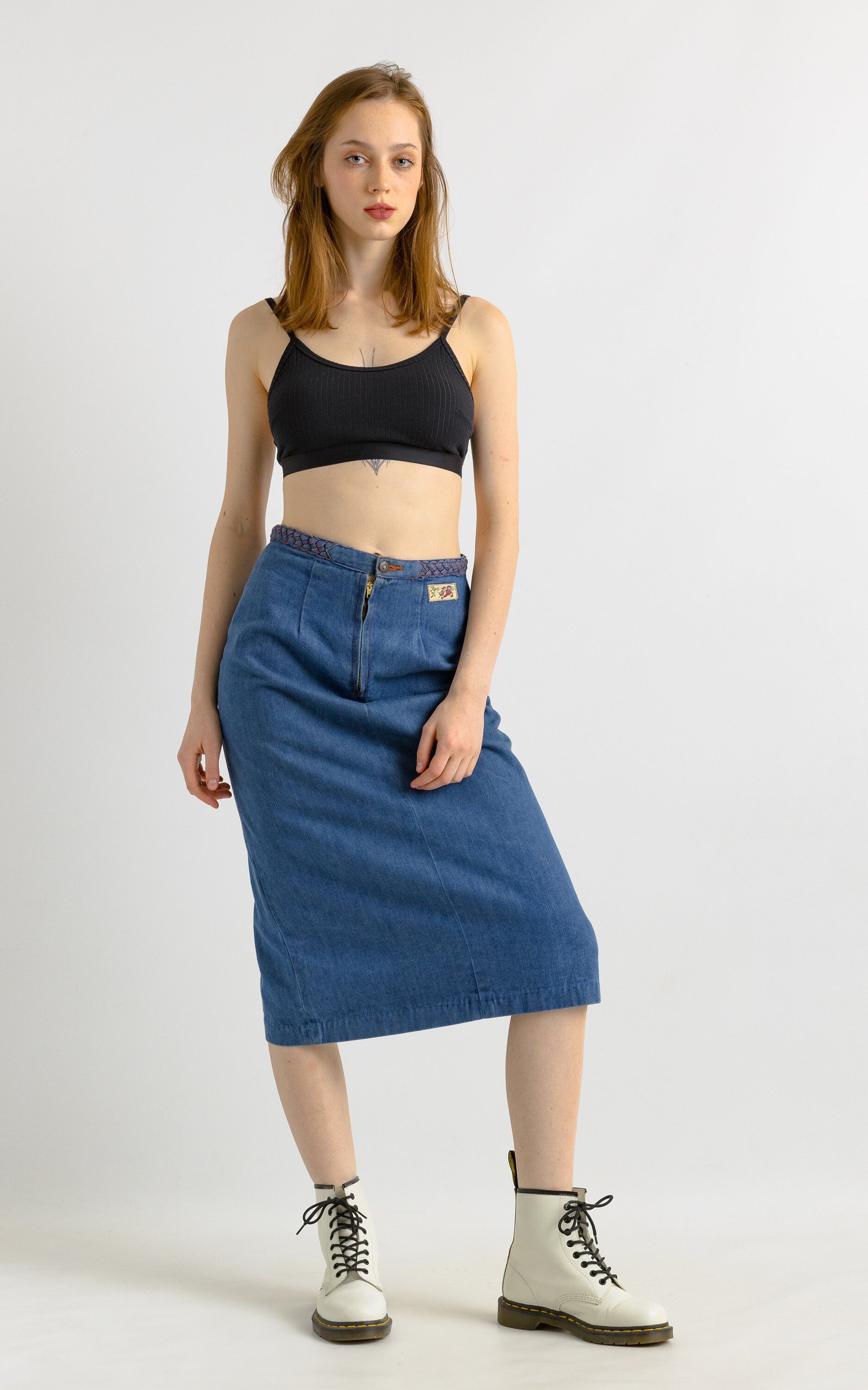 80s Denim Midi Skirt / High Waist Denim Midi Skirt Medium / Minimalist Blue Pencil Skirt / Cotton Midi Pencil Skirt Medium