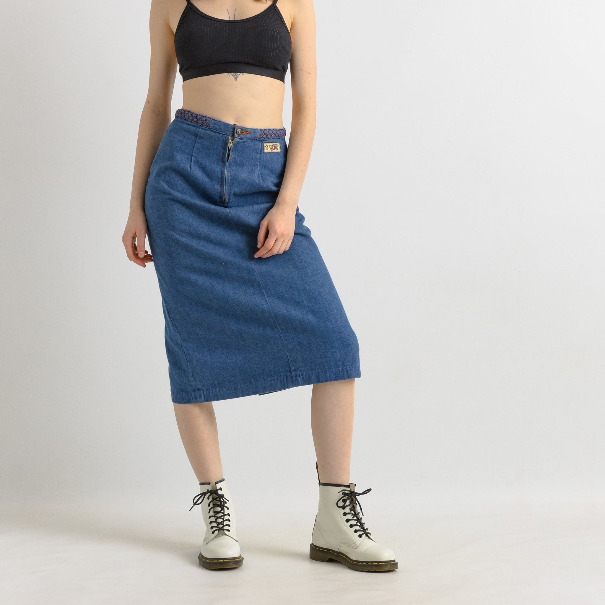 80s Denim Midi Skirt / High Waist Denim Midi Skirt Medium / Minimalist Blue Pencil Skirt / Cotton Midi Pencil Skirt Medium