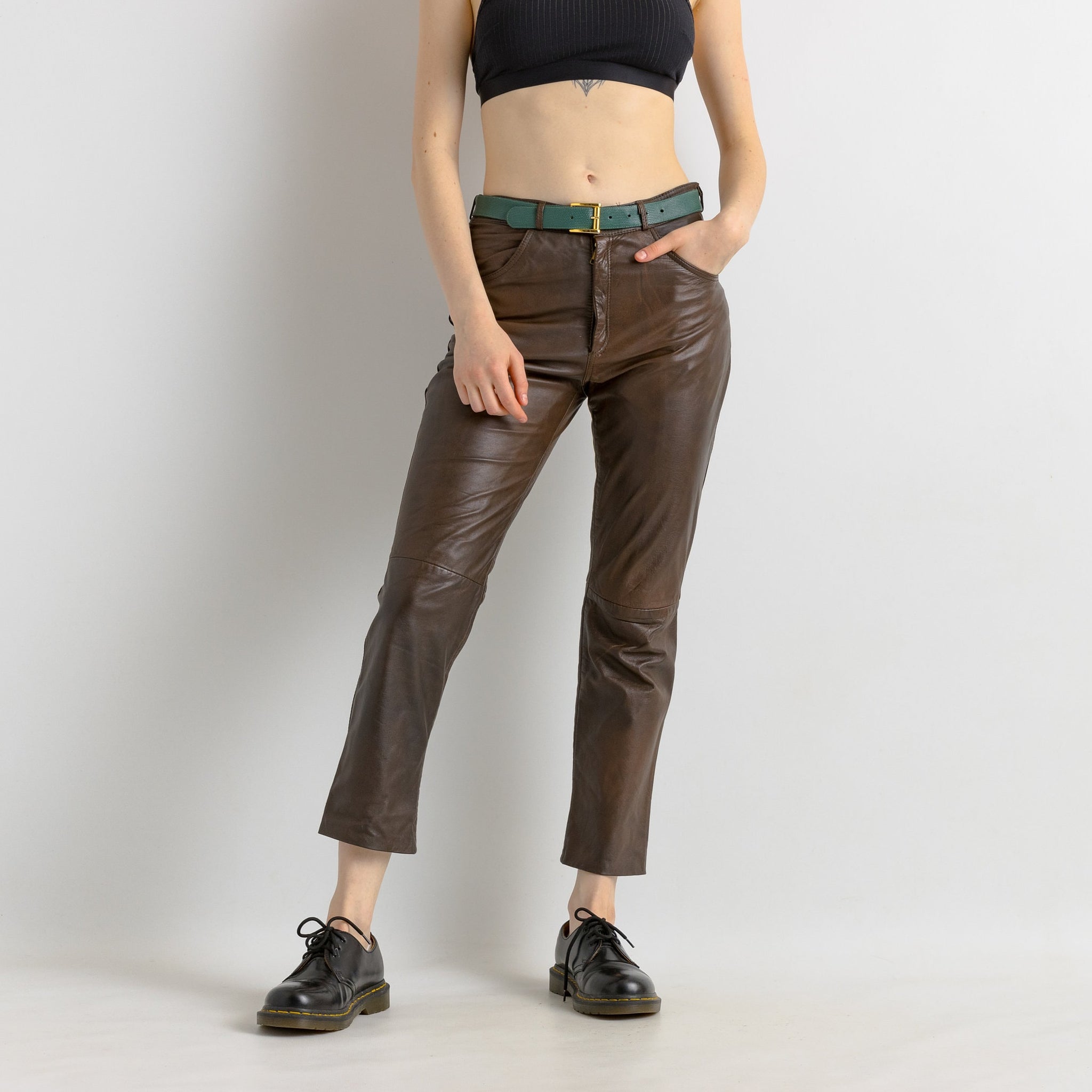 80s Vintage High Waisted Leather Woman Pants size Medium/ Vintage woman leather brown trousers/ vintage woman clothing/ vintage woman