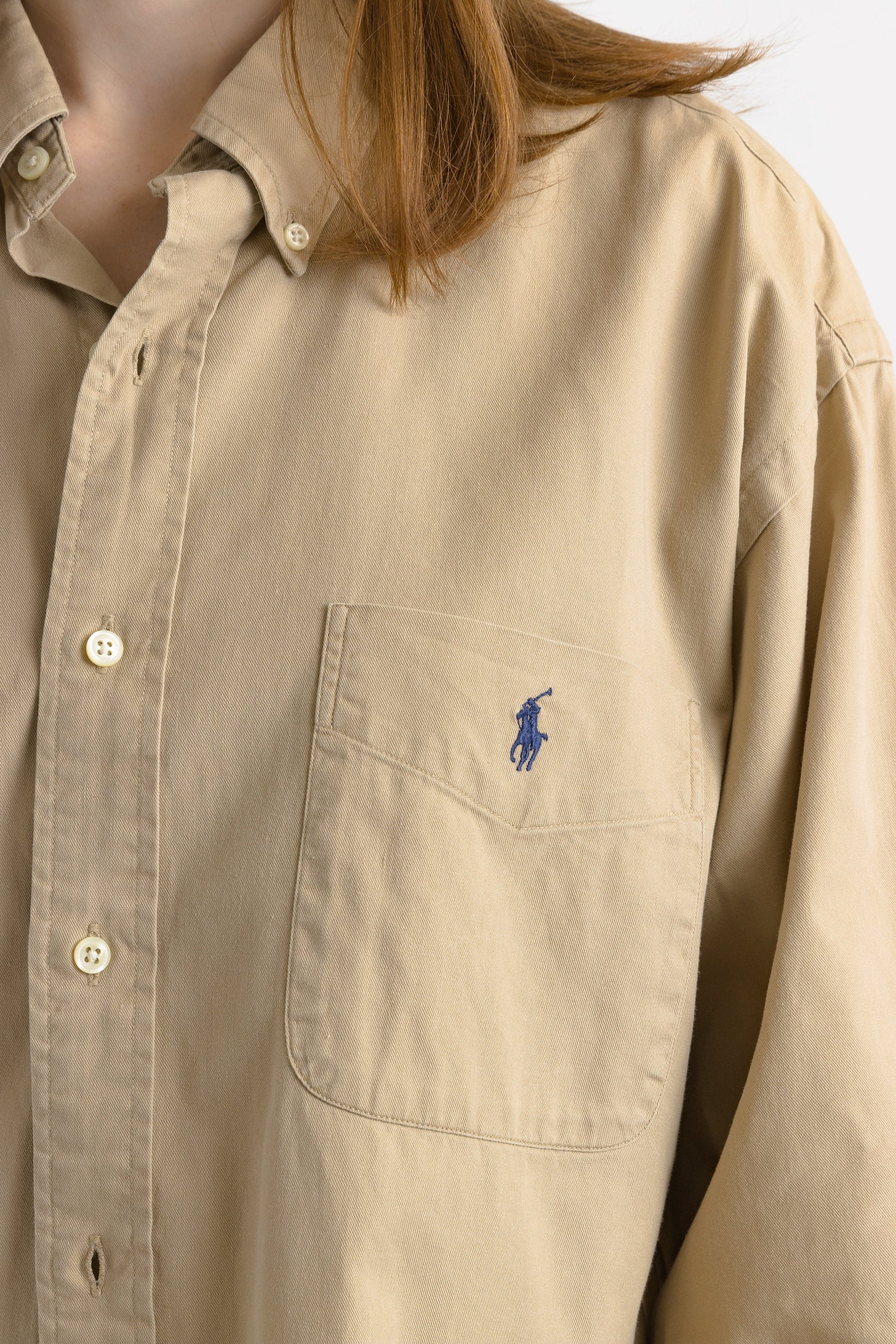 Vintage Ralph Lauren Beige Cotton Logo Long Sleeve Buttons Up Unisex Shirt/ Vintage Ralph Lauren Unisex Beige Large Man Shirt