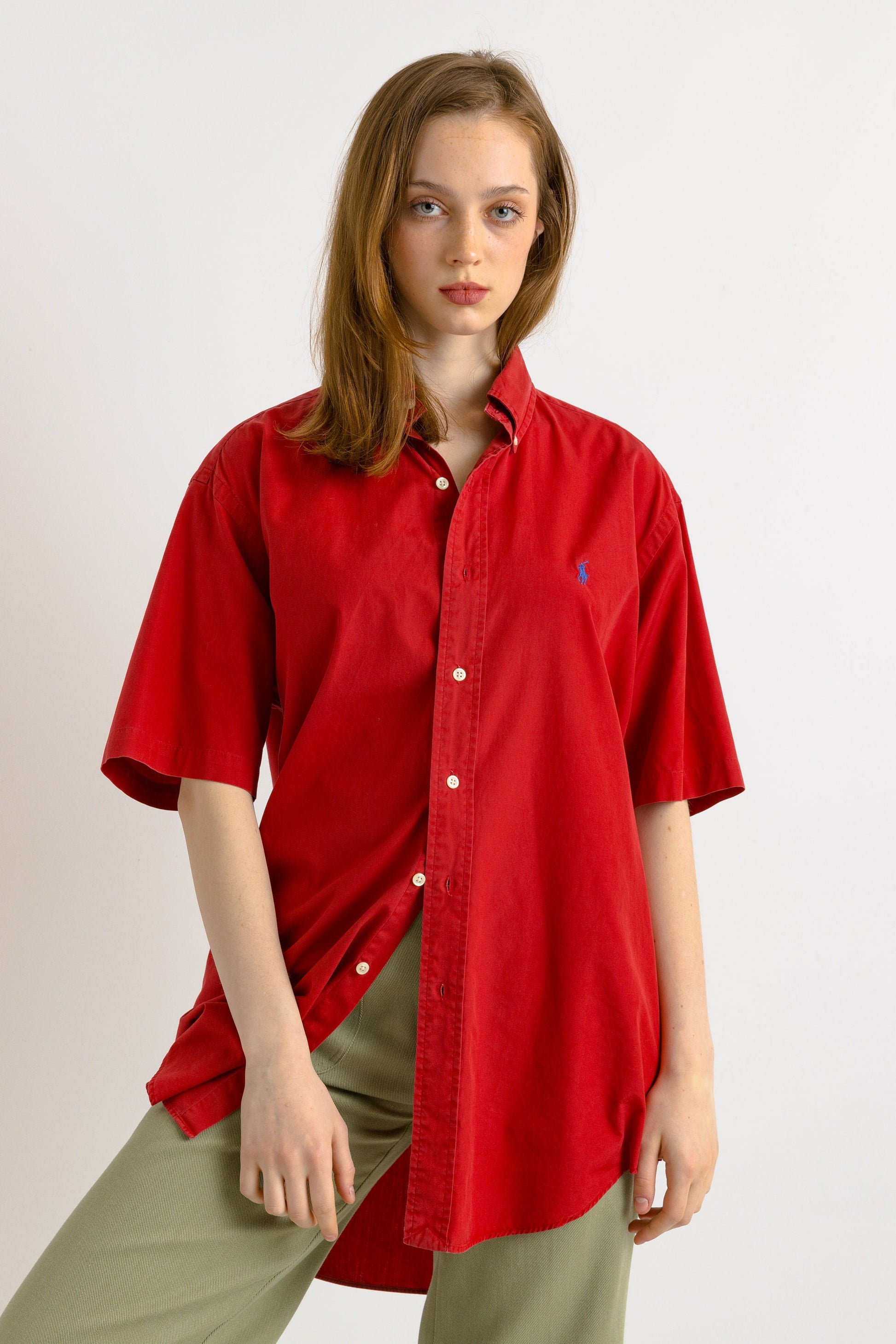 Vintage Ralph Lauren Red Cotton Logo Short Sleeve Buttons Up Unisex Shirt/ Vintage Ralph Lauren Unisex Red Medium Man Shirt