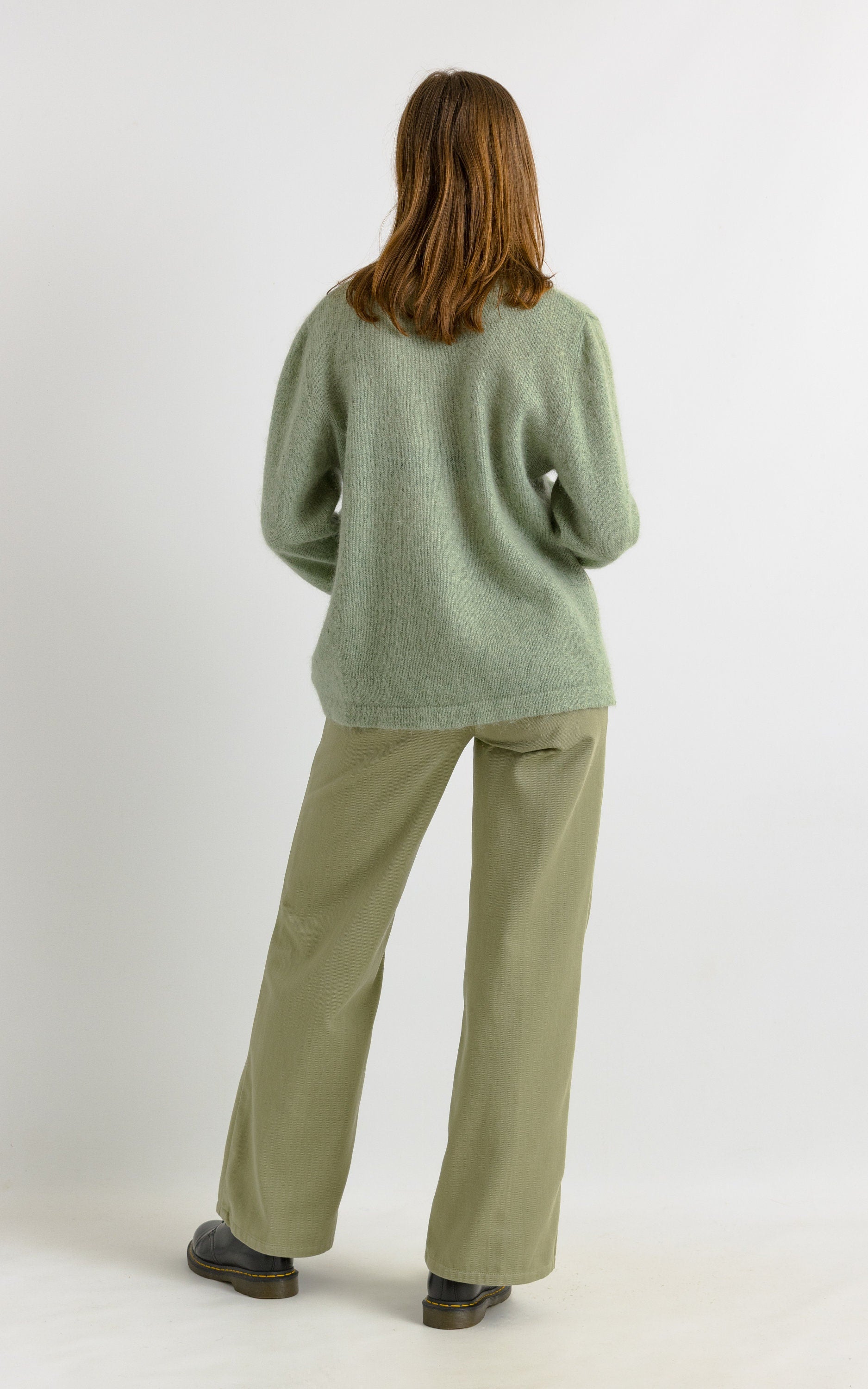 Xlarge 80s Light Mint Angora Buttons Up Sweater | Vintage Knit Crew Neck Pullover Jumper