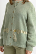 Xlarge 80s Light Mint Angora Buttons Up Sweater | Vintage Knit Crew Neck Pullover Jumper