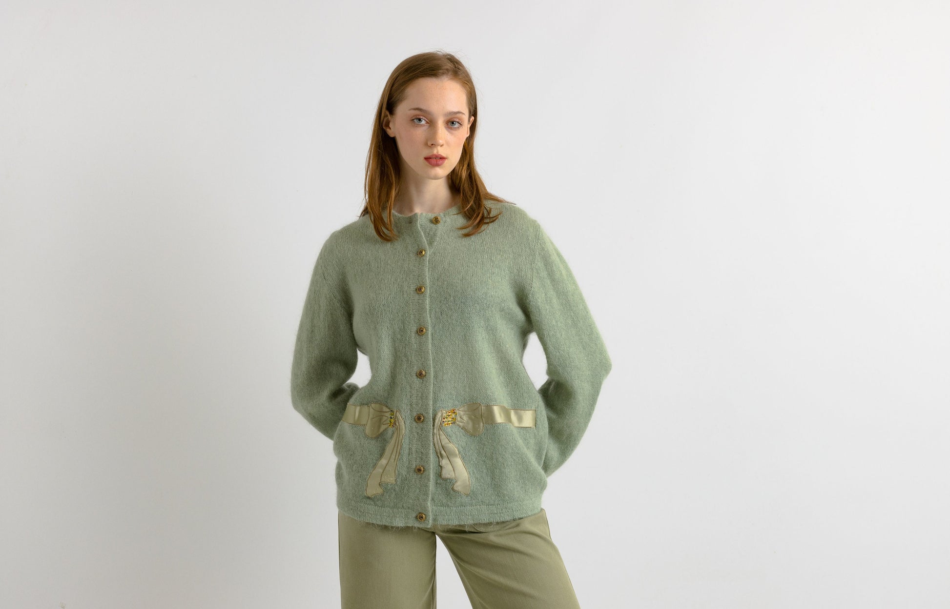 Xlarge 80s Light Mint Angora Buttons Up Sweater | Vintage Knit Crew Neck Pullover Jumper