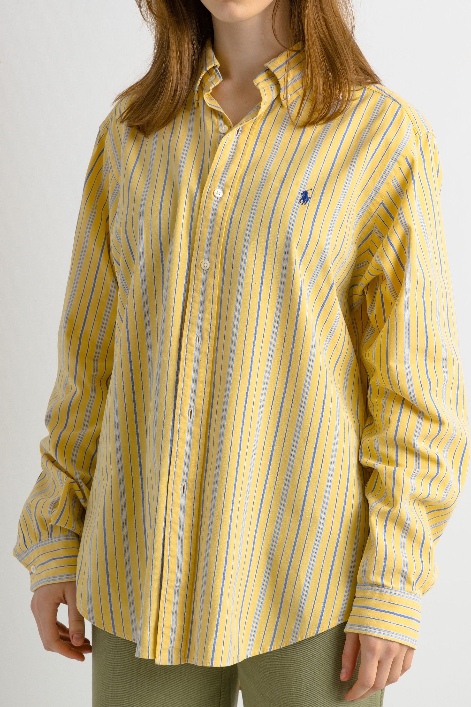 Vintage Ralph Lauren Yellow Cotton Logo Long Sleeve Buttons Up Unisex Shirt/ Vintage Ralph Lauren Yellow Striped Large Man Shirt