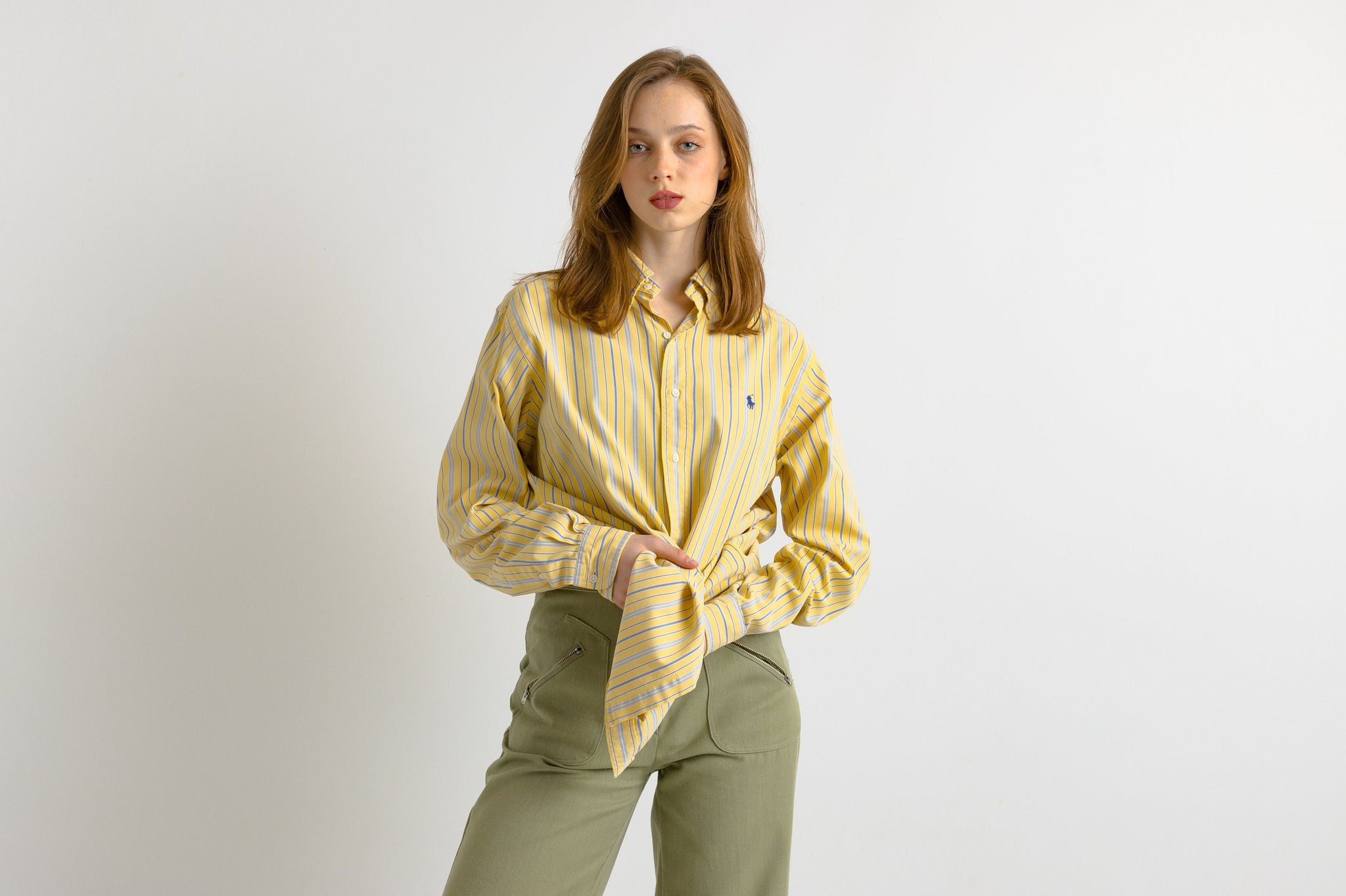 Vintage Ralph Lauren Yellow Cotton Logo Long Sleeve Buttons Up Unisex Shirt/ Vintage Ralph Lauren Yellow Striped Large Man Shirt