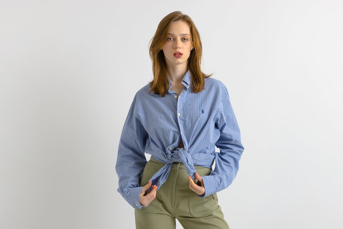 Vintage Ralph Lauren Blue Cotton Logo Long Sleeve Buttons Up Unisex Shirt/ Vintage Ralph Lauren Blue Checked Large Man Shirt