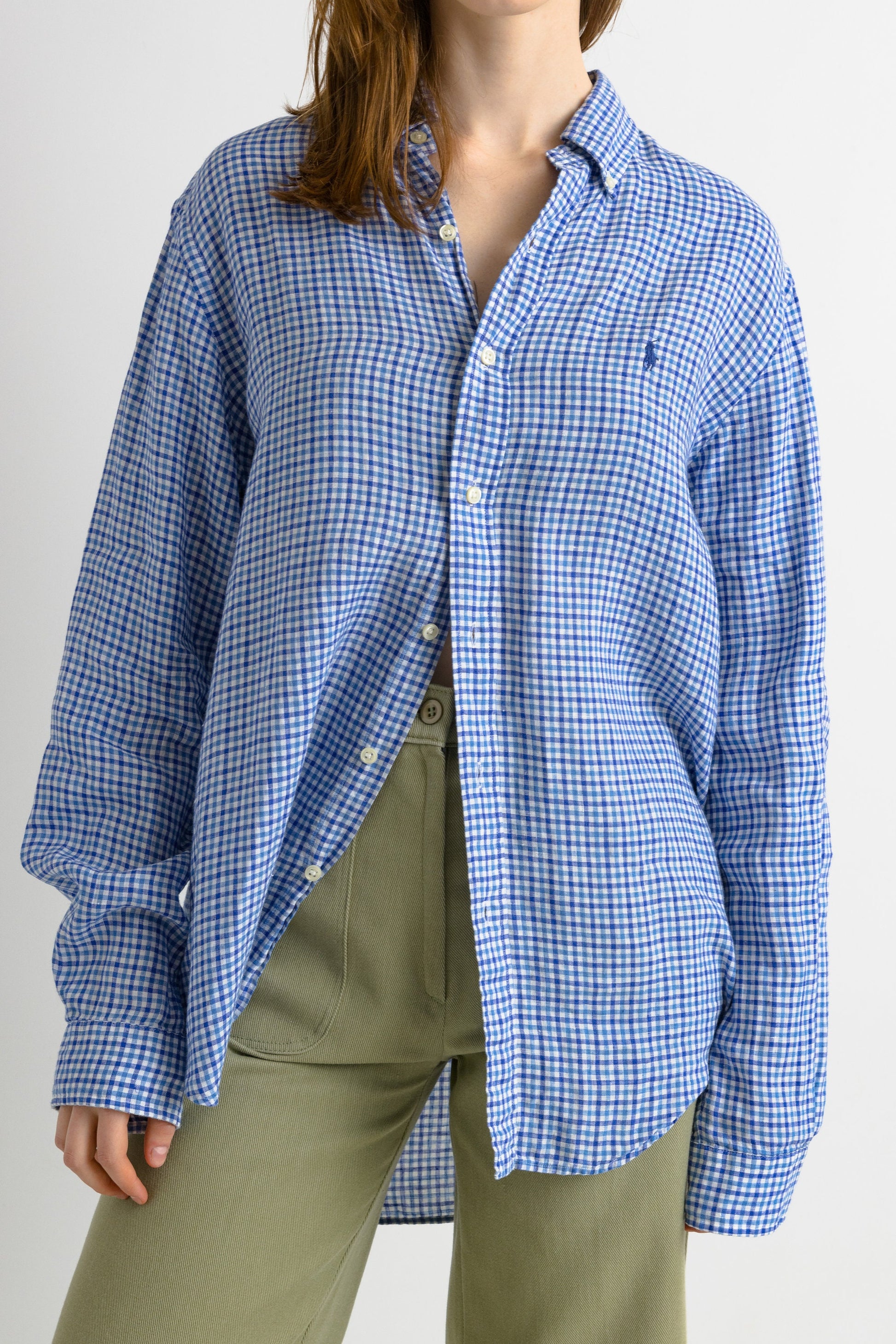 Vintage Ralph Lauren Checked Linen Logo Long Sleeve Buttons Up Unisex Shirt/ Vintage Ralph Lauren Unisex Blue Medium Man Shirt