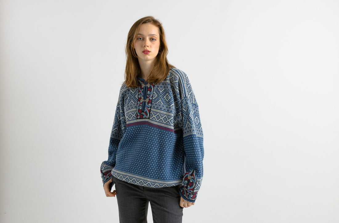 80s Vintage Norway Knitwear Abstract Ornament Wool Jumper Sweater/ Vintage Woman Fair Isle Wool Sweater size Mens Medium