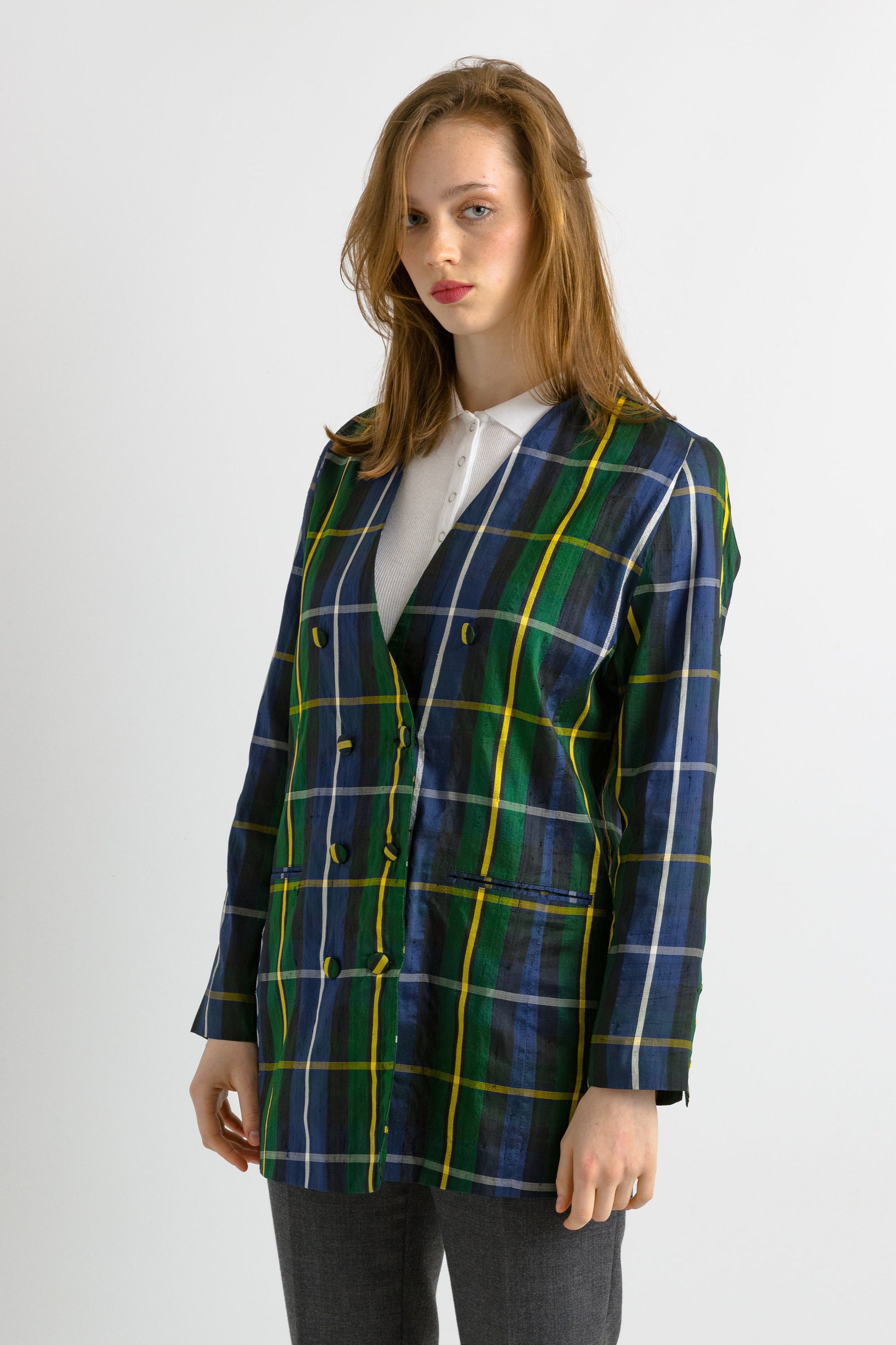 80s Vintage Vtg Rare Checked 100% Wild Silk Buttons Up Long Sleeved Lined Blazer Jacket Minimalist Womenswear Clothing