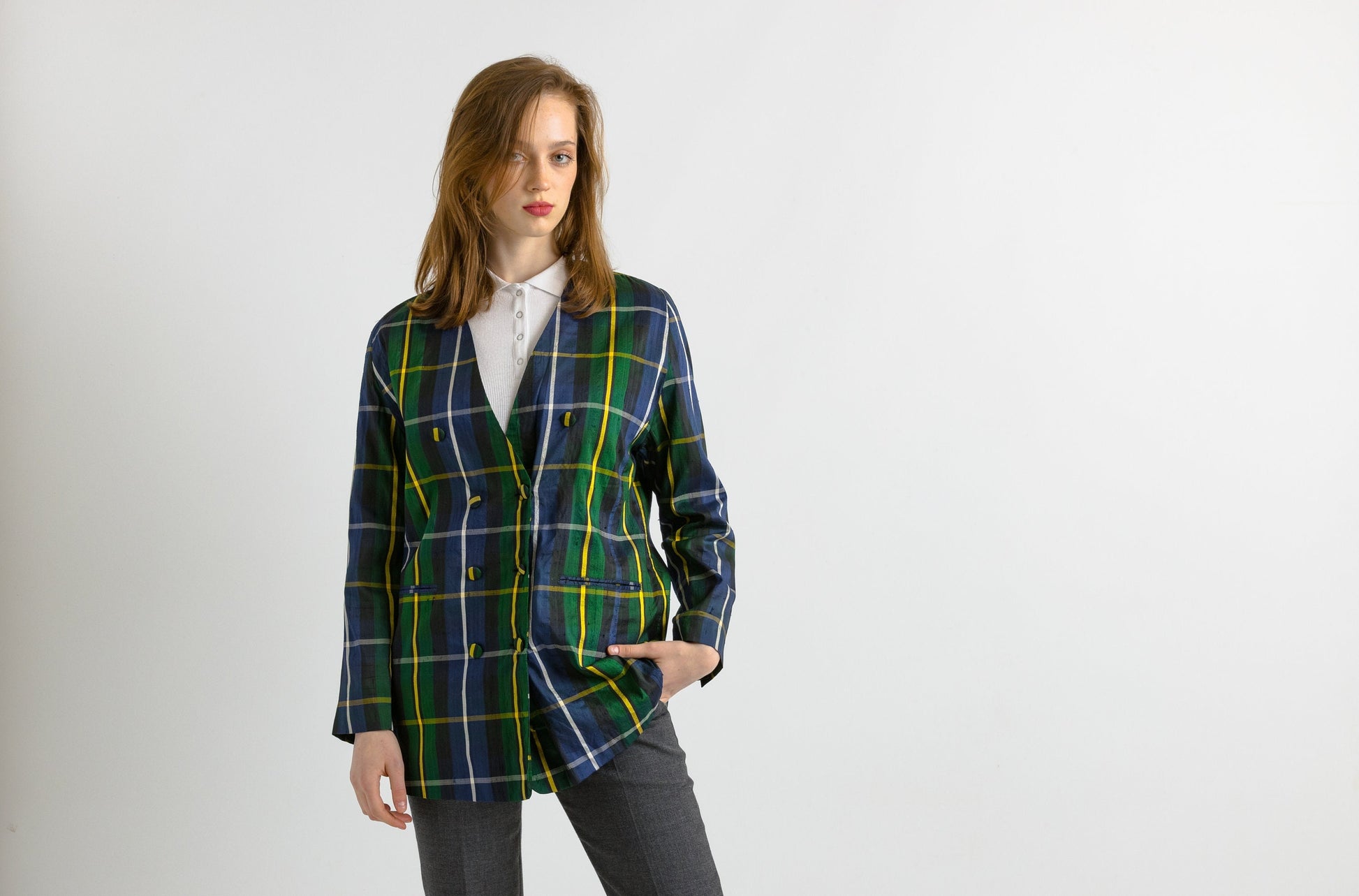 80s Vintage Vtg Rare Checked 100% Wild Silk Buttons Up Long Sleeved Lined Blazer Jacket Minimalist Womenswear Clothing