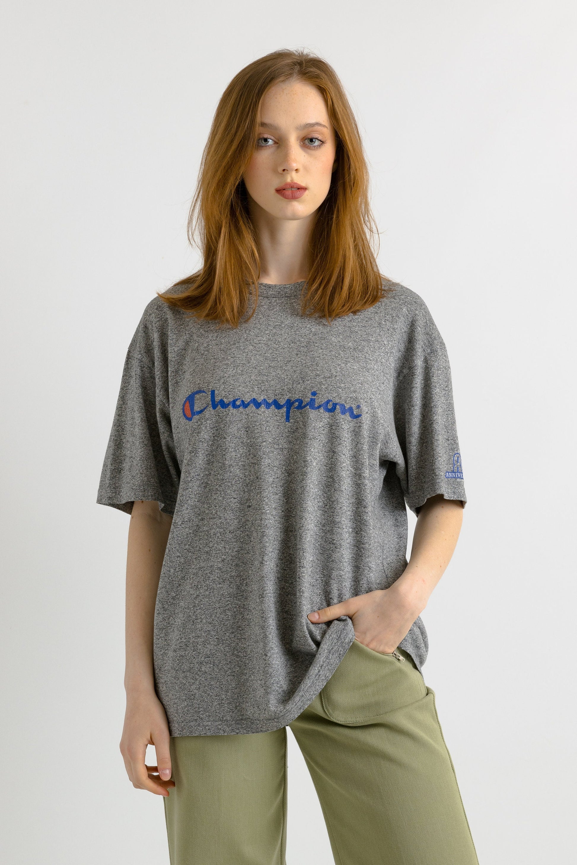 Vintage 90's Champion Big Logo Gray Unisex Mens T-Shirts size Large Rave Clothing Print Tee