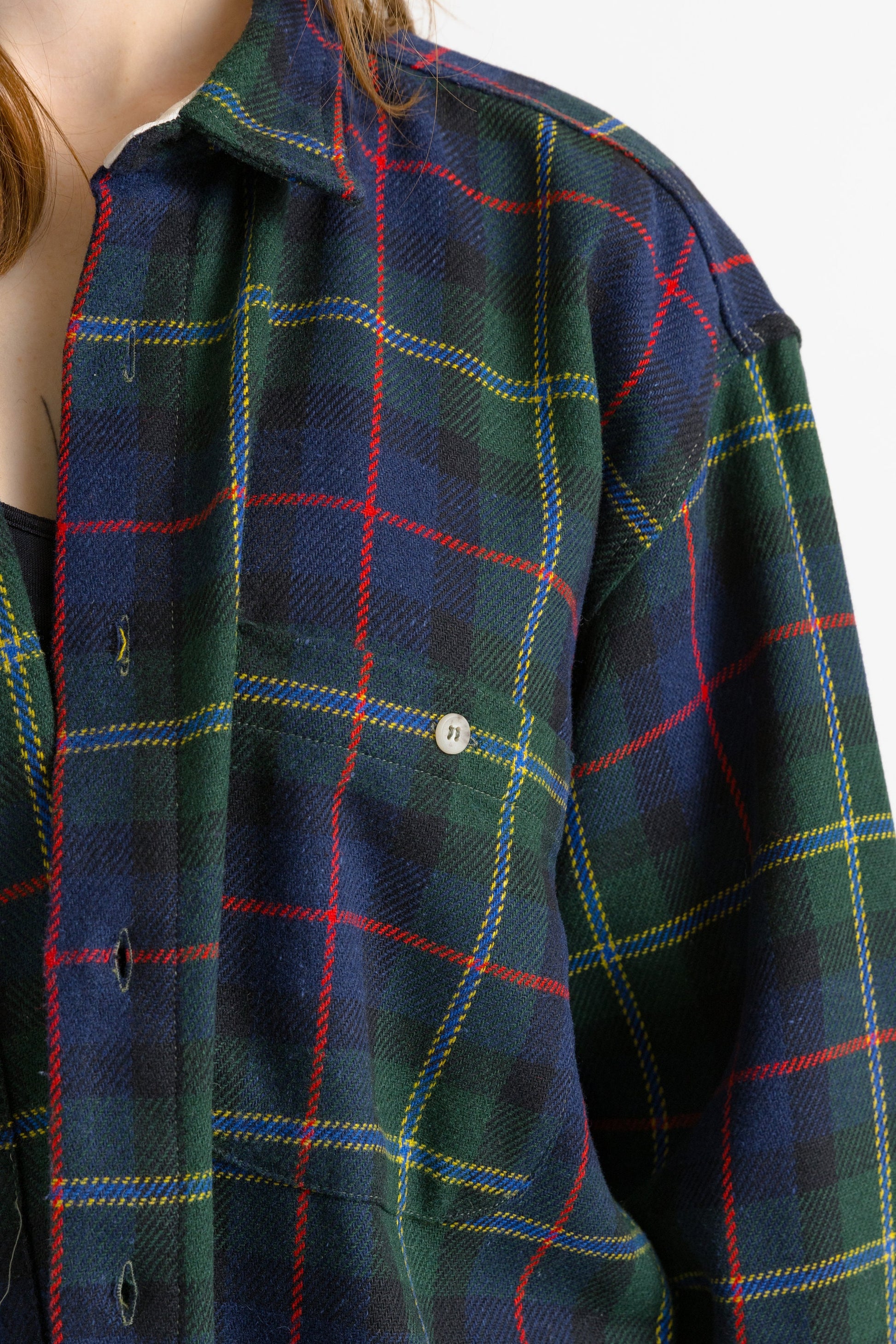 80s Vintage Wool Checked Oversied Pattern Unisex Fabric Long Sleeve in Plain Shirt Buttons Up Blouse size Men's L Large