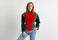 80s Vintage Leather Bomber Biker Colorblock Zip Up Outwear Autumn Jacket S