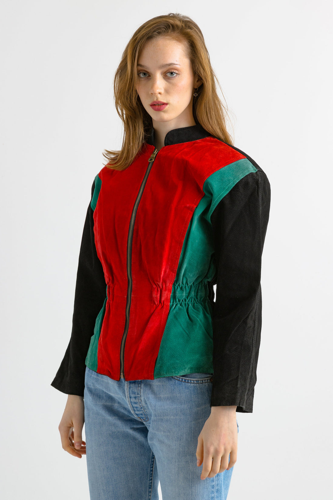 80s Vintage Leather Bomber Biker Colorblock Zip Up Outwear Autumn Jacket S