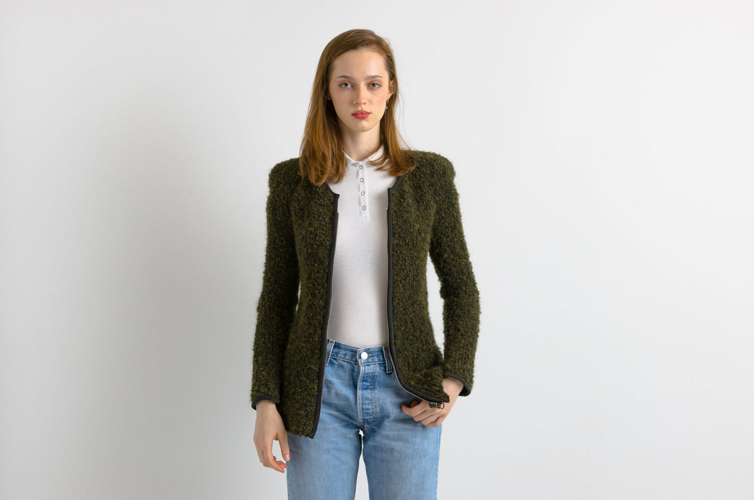 ISABEL MARANT Womens Lana Wool Cardigan, Khaki Wool Woman Top, Y2K French Designer Jumper, 2000s Minimalist Wool Top, Size Medium