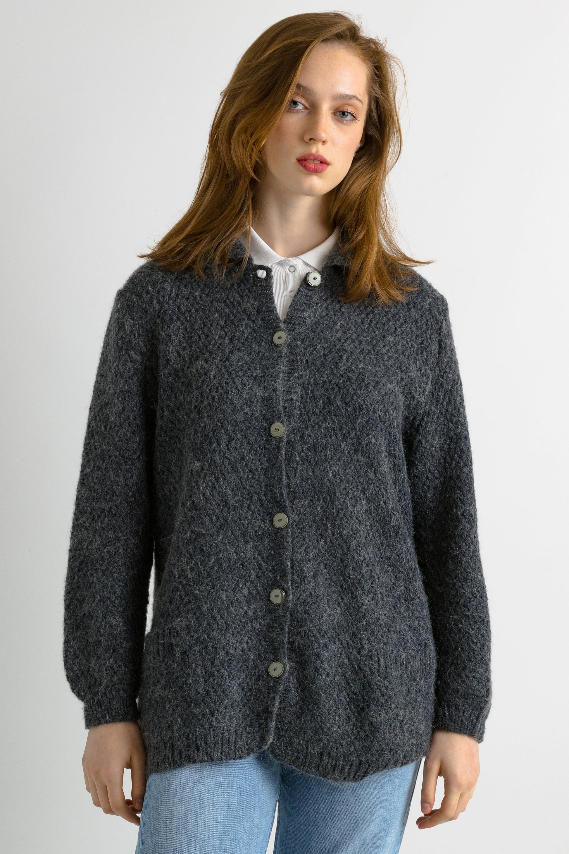 80s Vintage Dark Grey Mohair Crew Neck Buttons Up Sweater Jumper Cardigan Girlfriend Gift Present Womans Wear Vintage Clothes