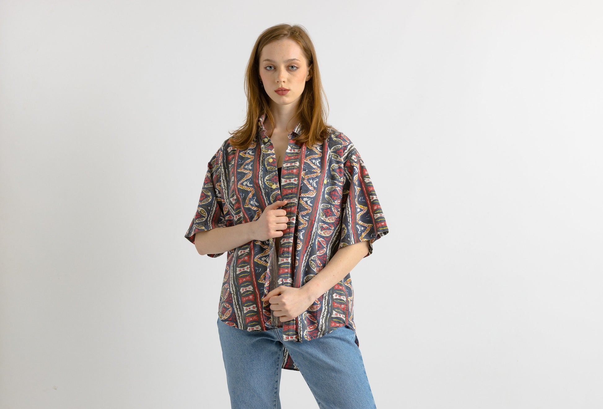 Vintage patterned blouse 80s / vintage woman blouse with colored abstract pattern / vintage summer women shirt / Vintage jacket shirt