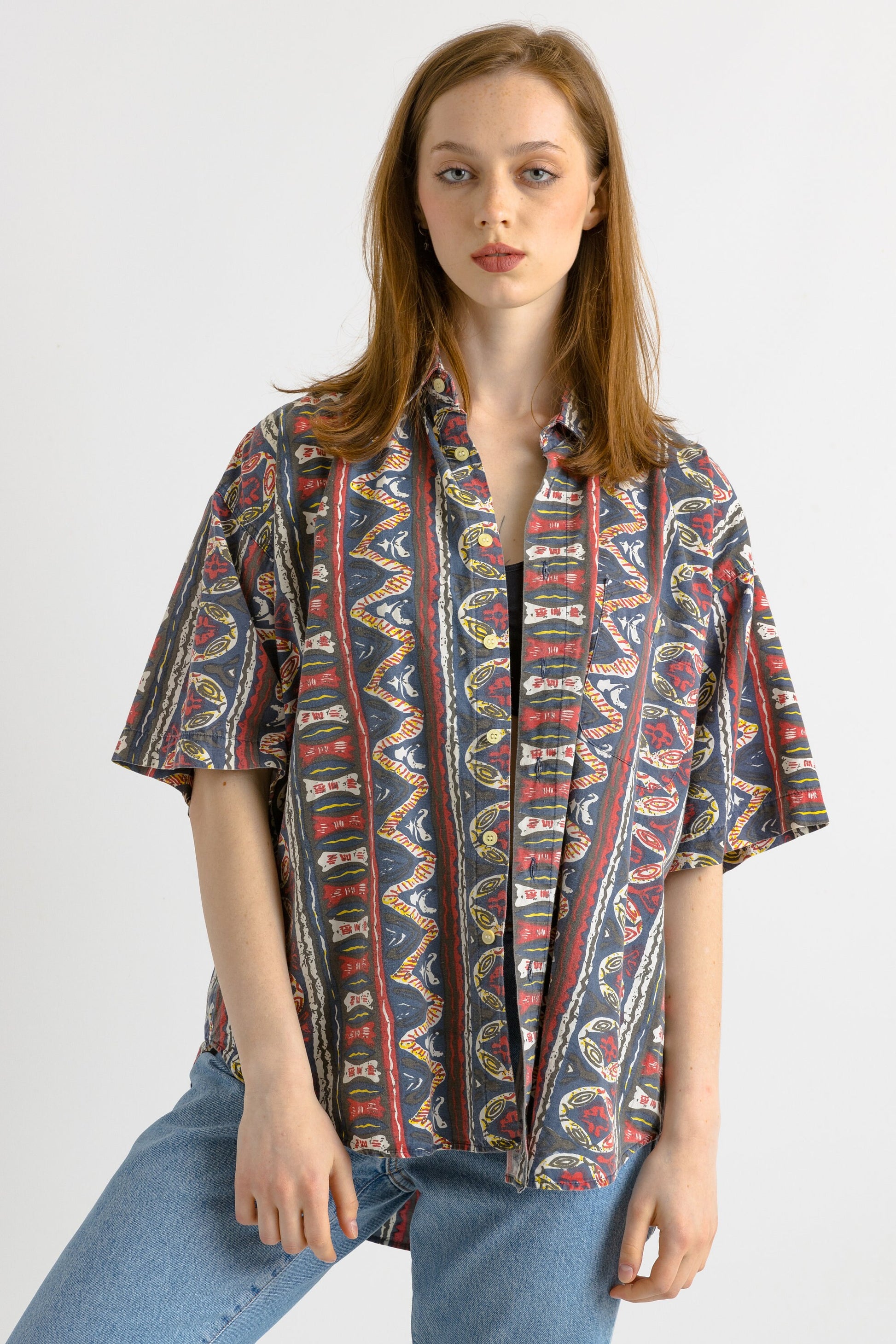 Vintage patterned blouse 80s / vintage woman blouse with colored abstract pattern / vintage summer women shirt / Vintage jacket shirt