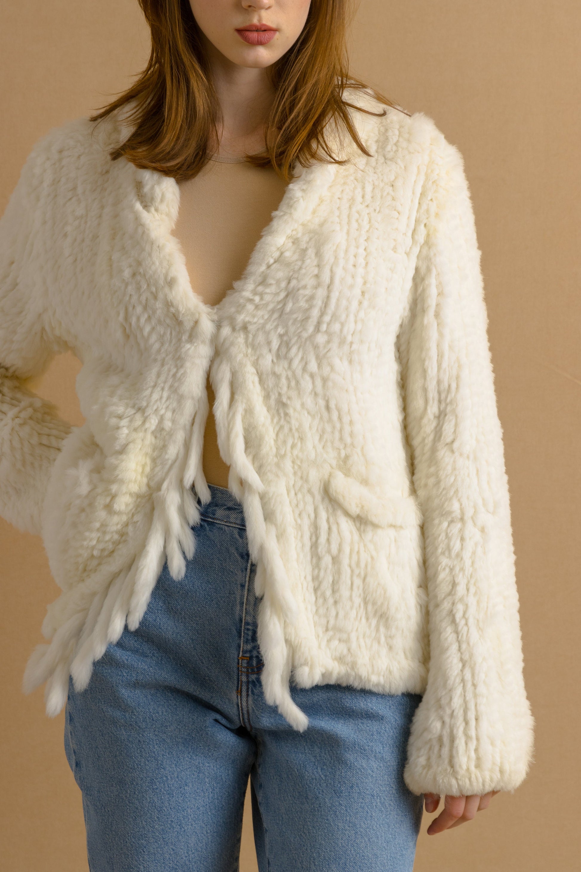 Fur Jacket 80s White Not Fake Fur Crop Jacket No Fastens Retro Glam Bohemian Furry Festival Top Vintage 1980s Medium