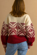 80s Vintage Nepal Handknitted Wool Sweater Knitwear Beige Ornament Handmade Woman Medium Size Pullover