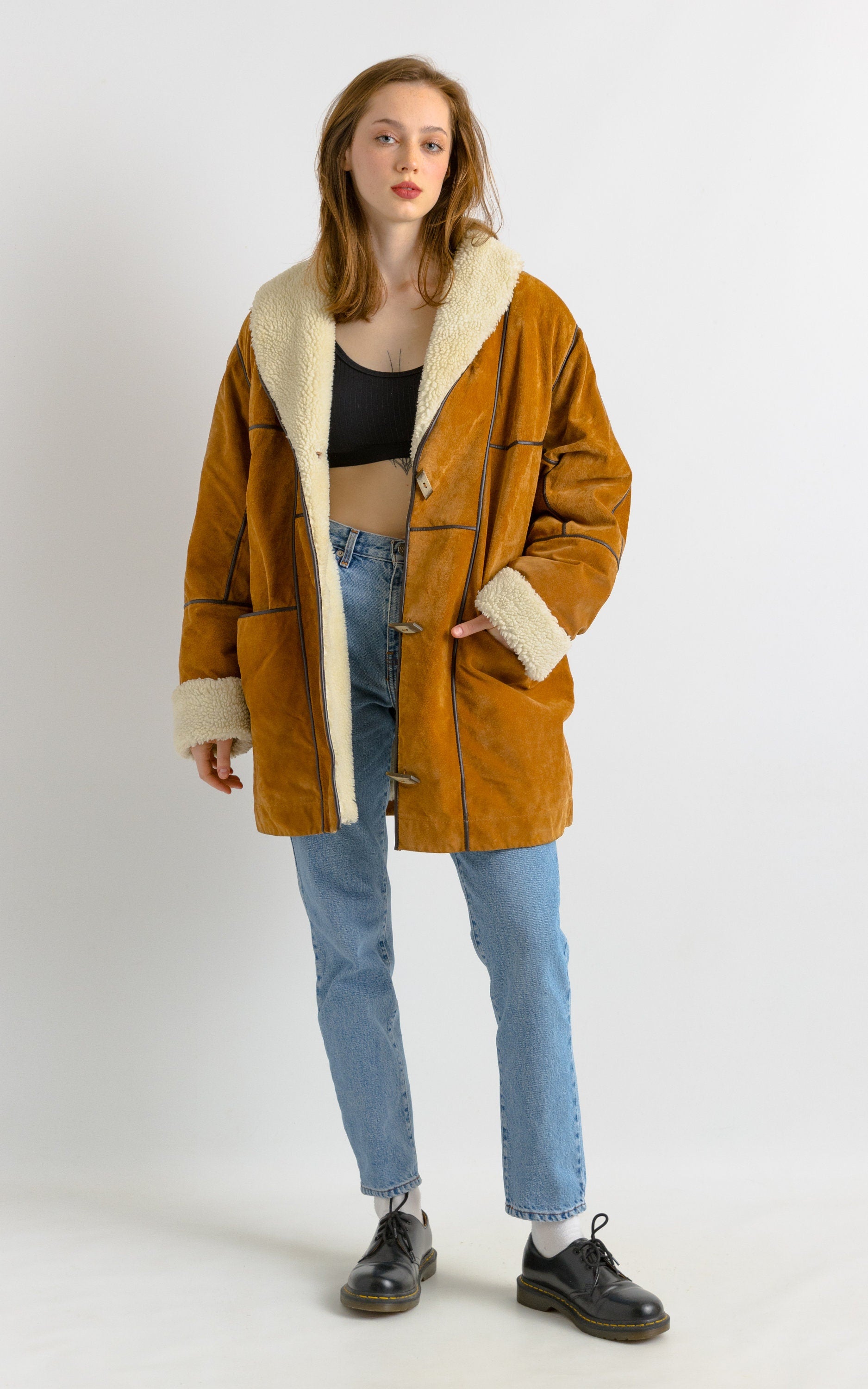 Sherpa Coat Women vintage 80's brown suede oversized sherpa detachable sleeve sunny brown shearl overcoat sustainable fashion Large