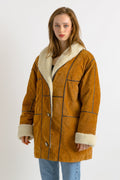 Sherpa Coat Women vintage 80's brown suede oversized sherpa detachable sleeve sunny brown shearl overcoat sustainable fashion Large