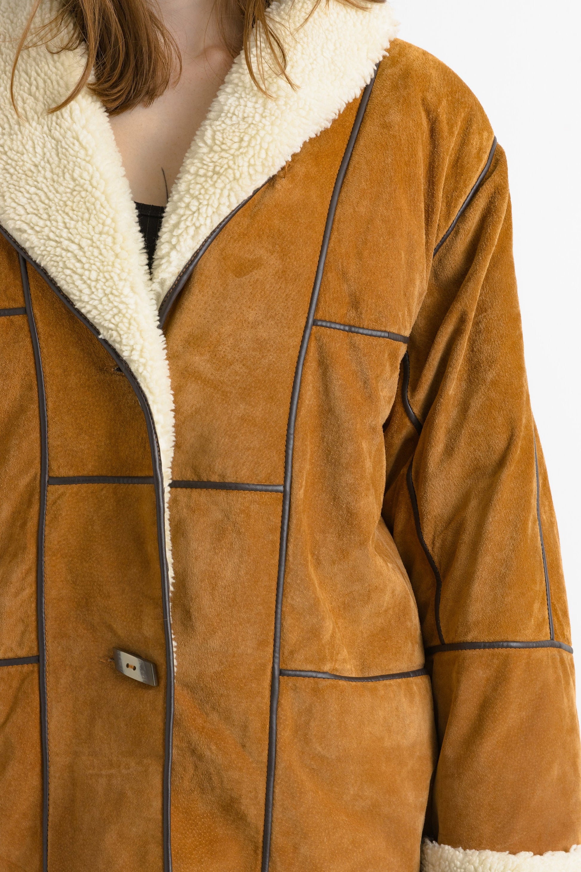 Sherpa Coat Women vintage 80's brown suede oversized sherpa detachable sleeve sunny brown shearl overcoat sustainable fashion Large