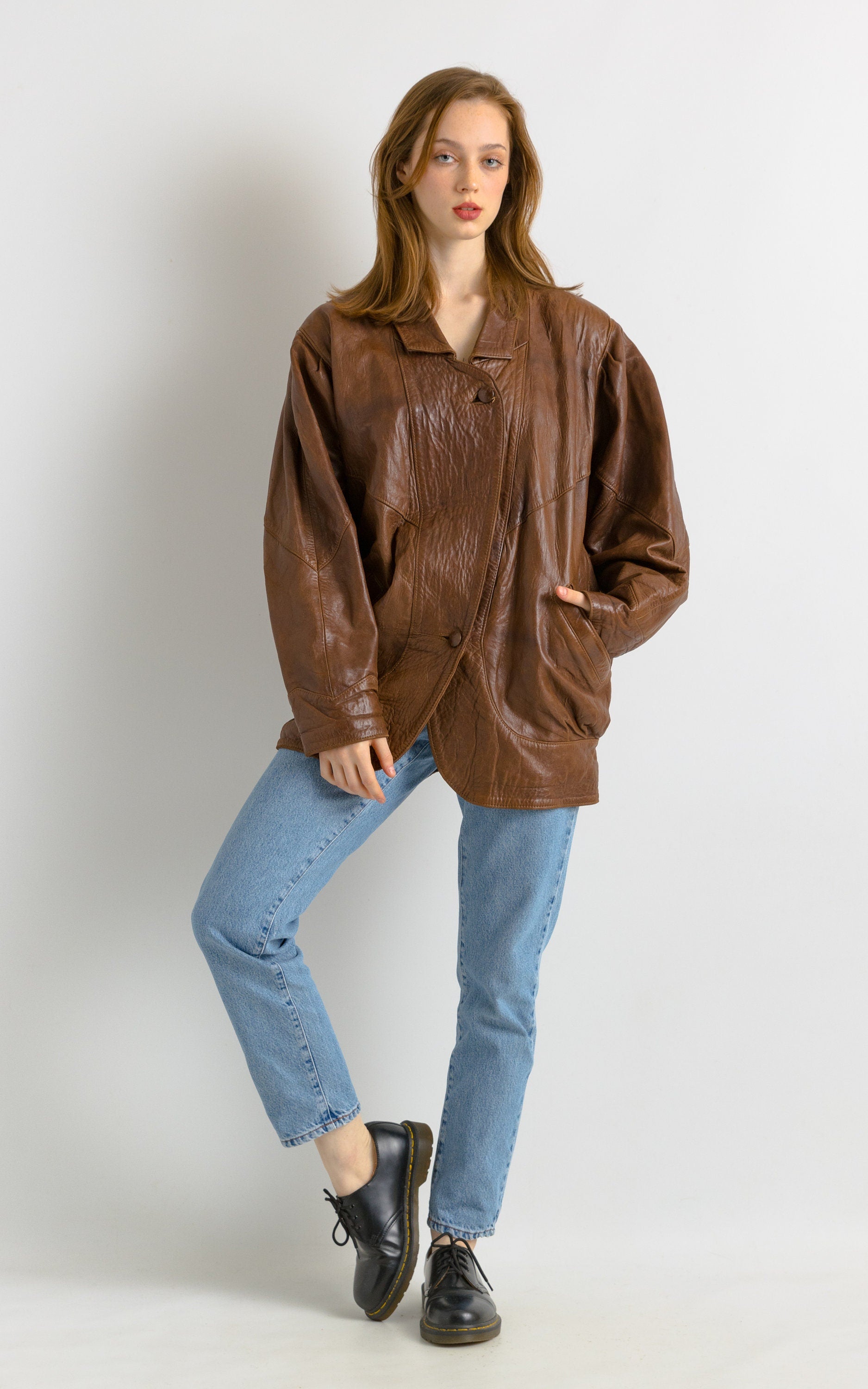 Women Leather Jacket 80s Leather Trench Coat Minimalist Leather Coat Longline Jacket Women Vintage Clothing Casual Outerwear Size M